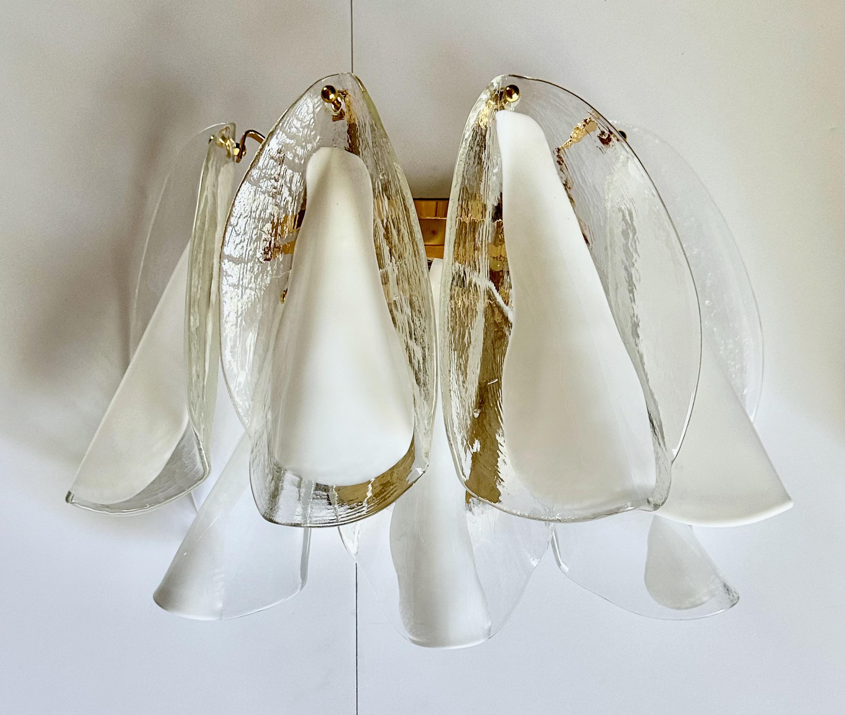 Brass Murano Mazzega White & Clear Glass Wall Sconces For Sale