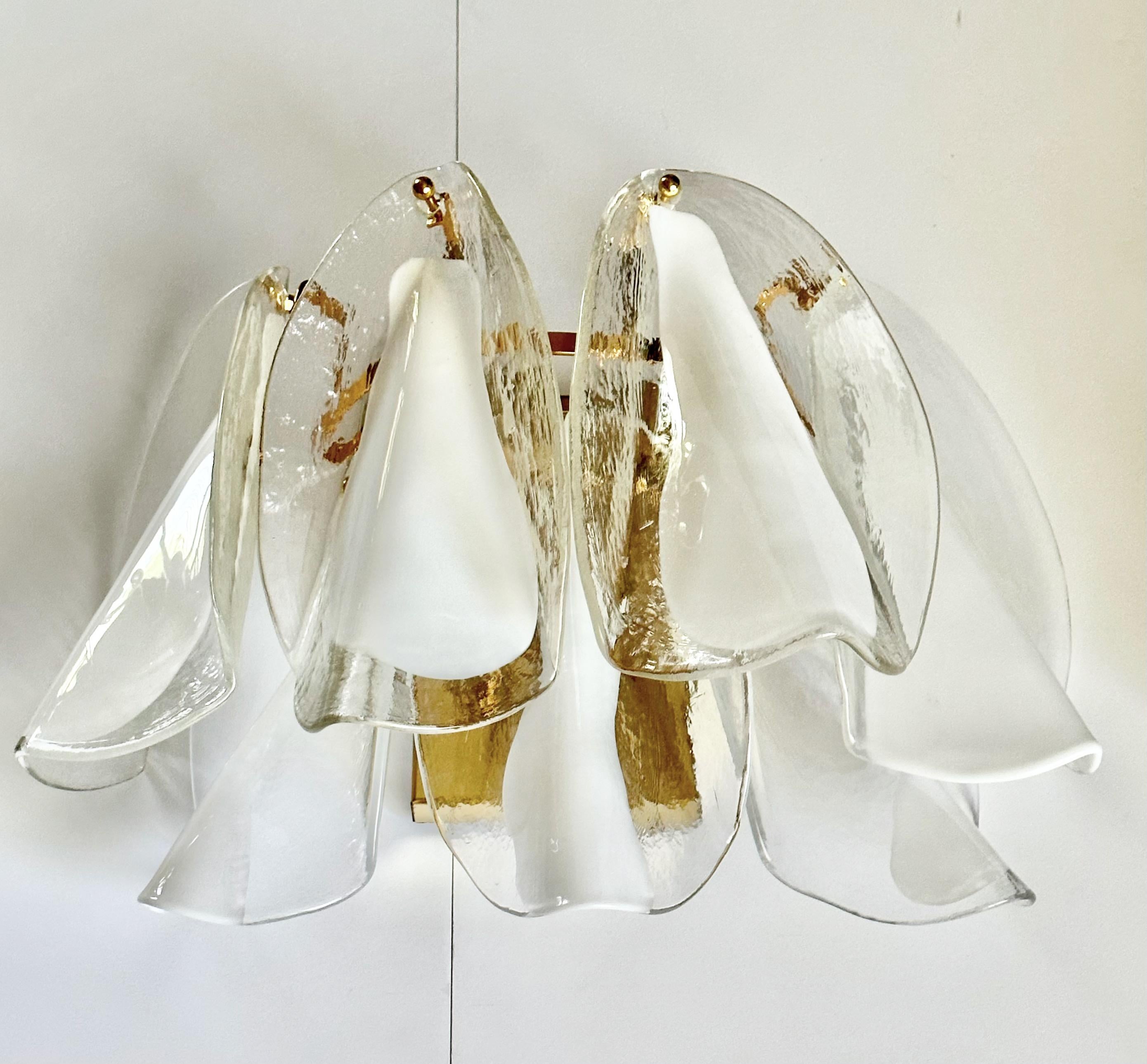 Murano Mazzega White & Clear Glass Wall Sconces For Sale 1