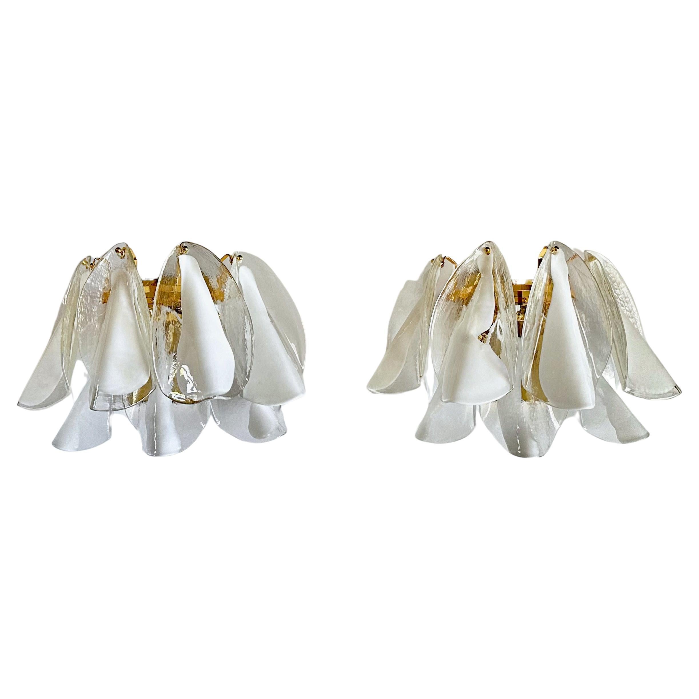 Murano Mazzega White & Clear Glass Wall Sconces For Sale