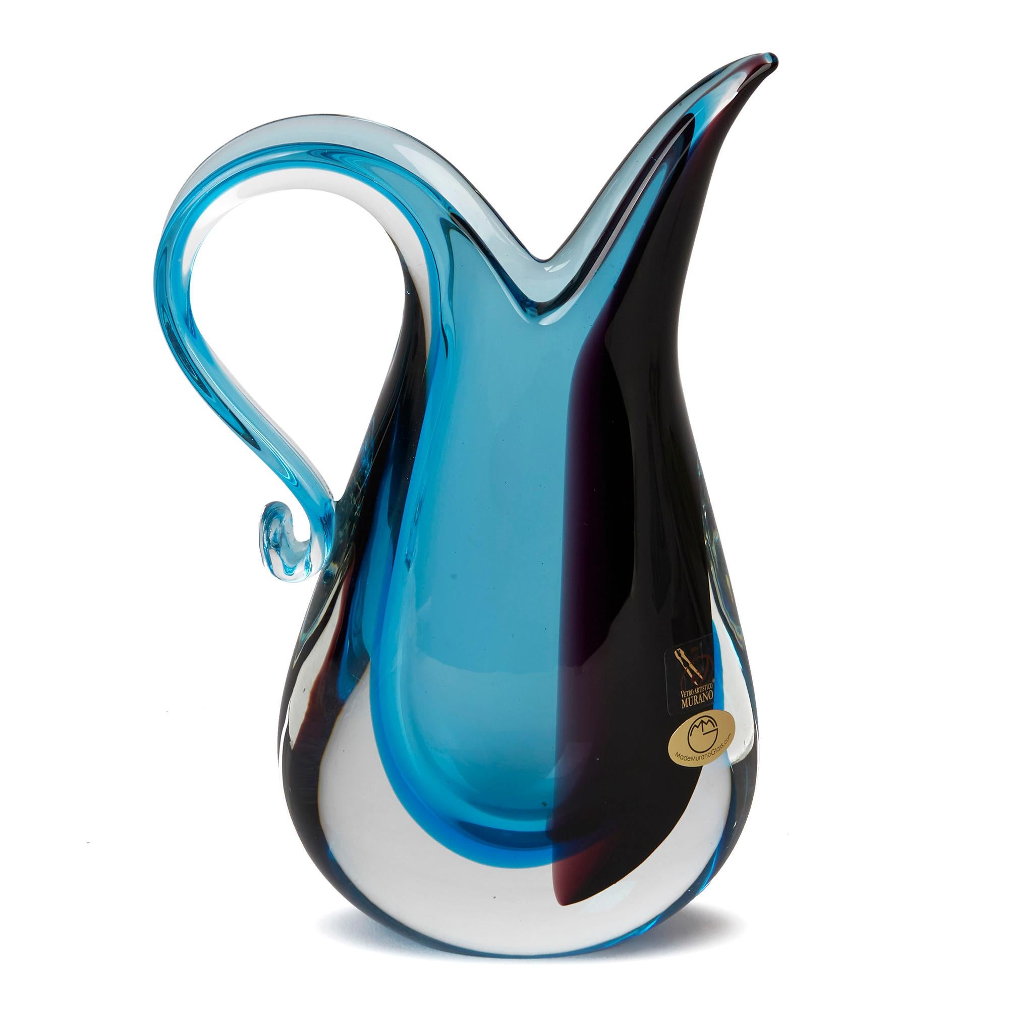 Murano Michele Onesto Blue and Purple Sommerso Art Glass Handled Vase In Excellent Condition In Bishop's Stortford, Hertfordshire