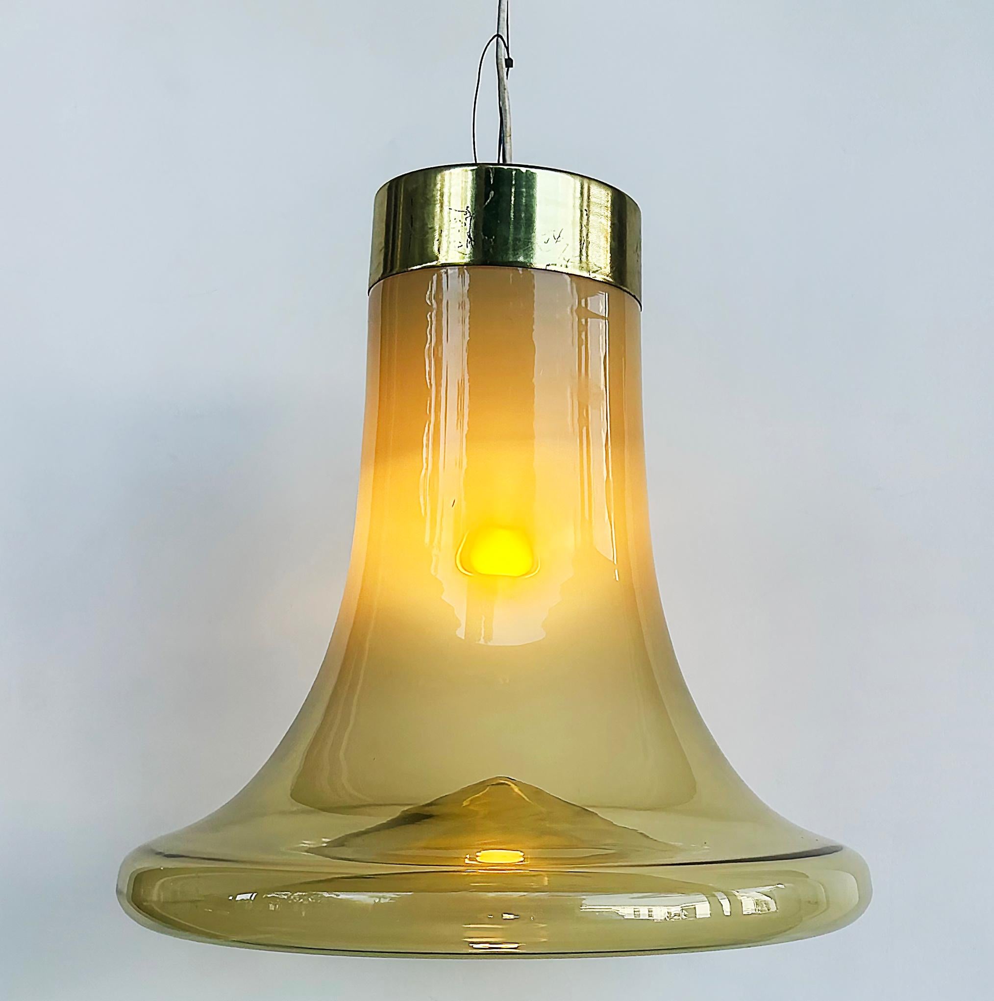 Murano Mid-century  Brass, Glass Bell Shaped Pendant Light Fixture

Offered for sale is a Murano glass mid-century modern bell-shaped 