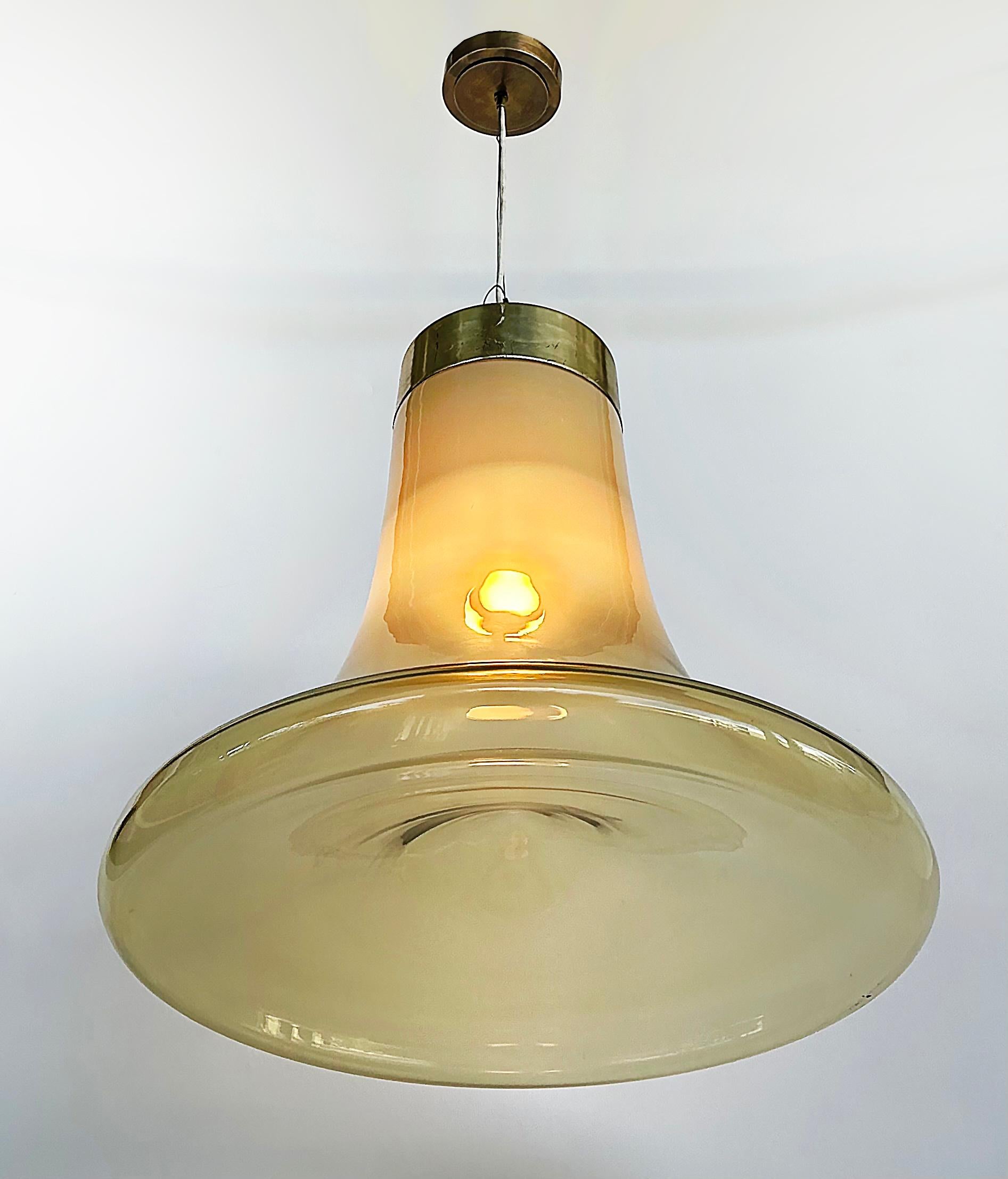 Mid-Century Modern Murano Mid-century  Brass, Glass Bell Shaped Pendant Light Fixture For Sale