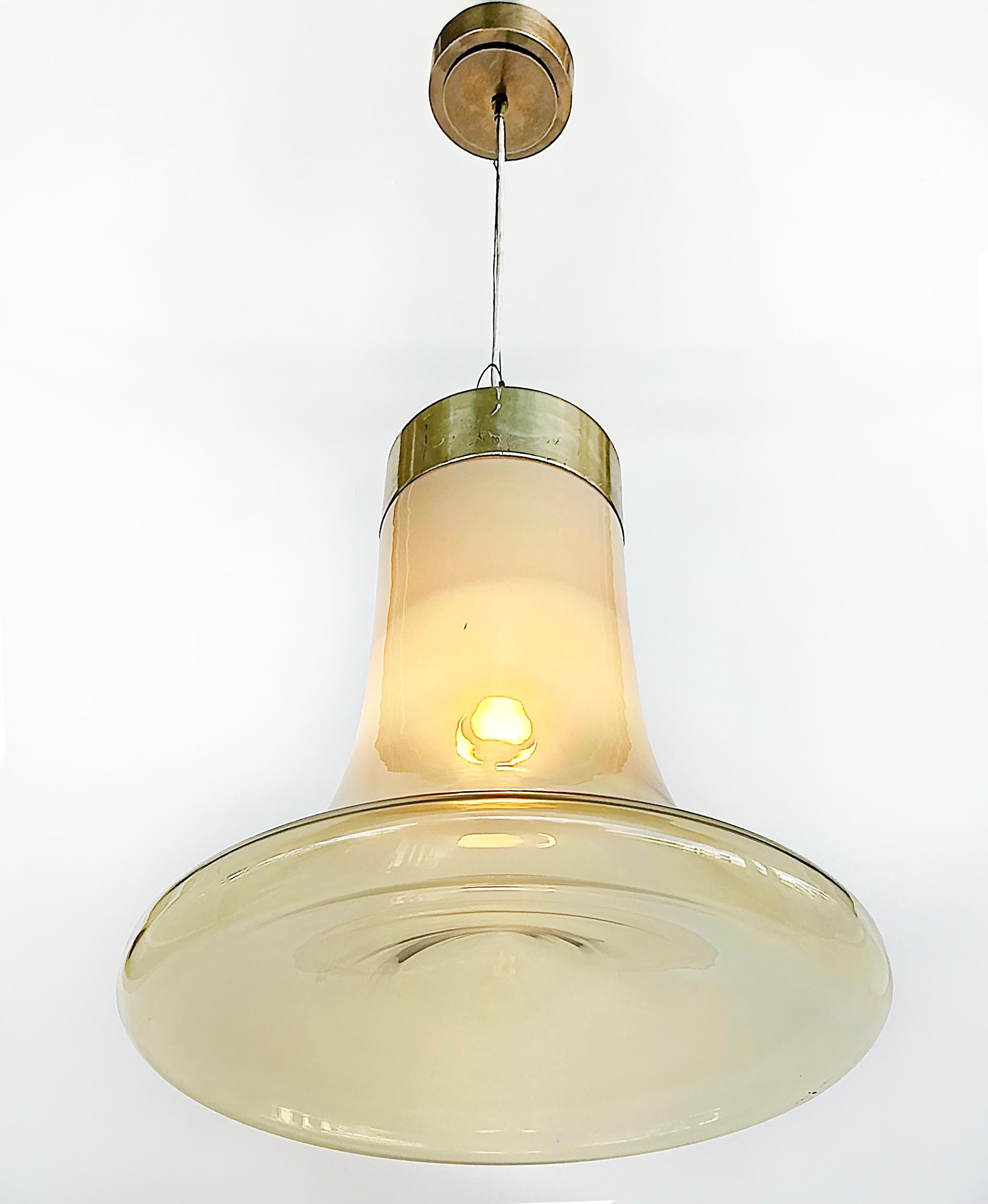 Italian Murano Mid-century  Brass, Glass Bell Shaped Pendant Light Fixture For Sale