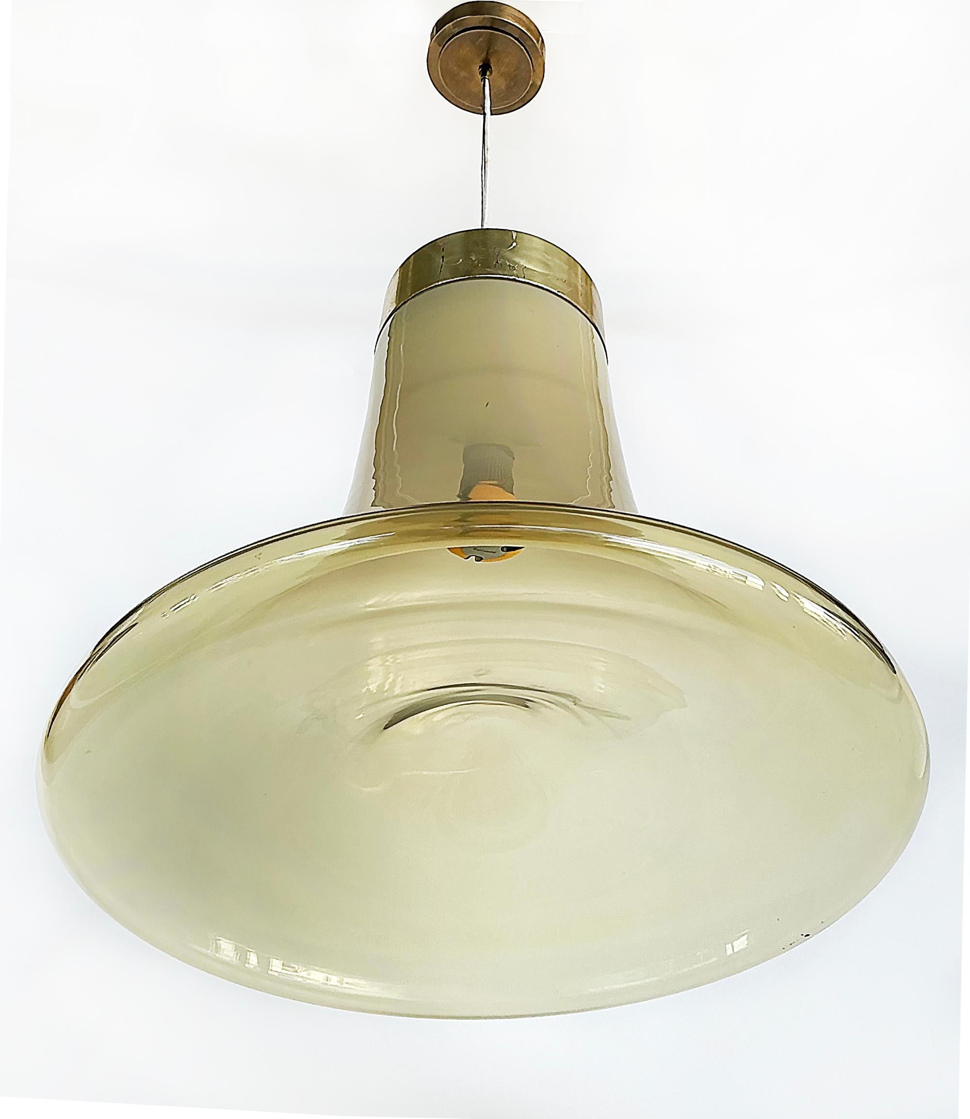 20th Century Murano Mid-century  Brass, Glass Bell Shaped Pendant Light Fixture For Sale