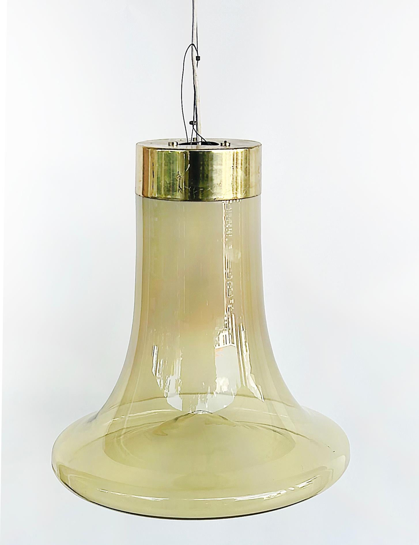 Metal Murano Mid-century  Brass, Glass Bell Shaped Pendant Light Fixture For Sale