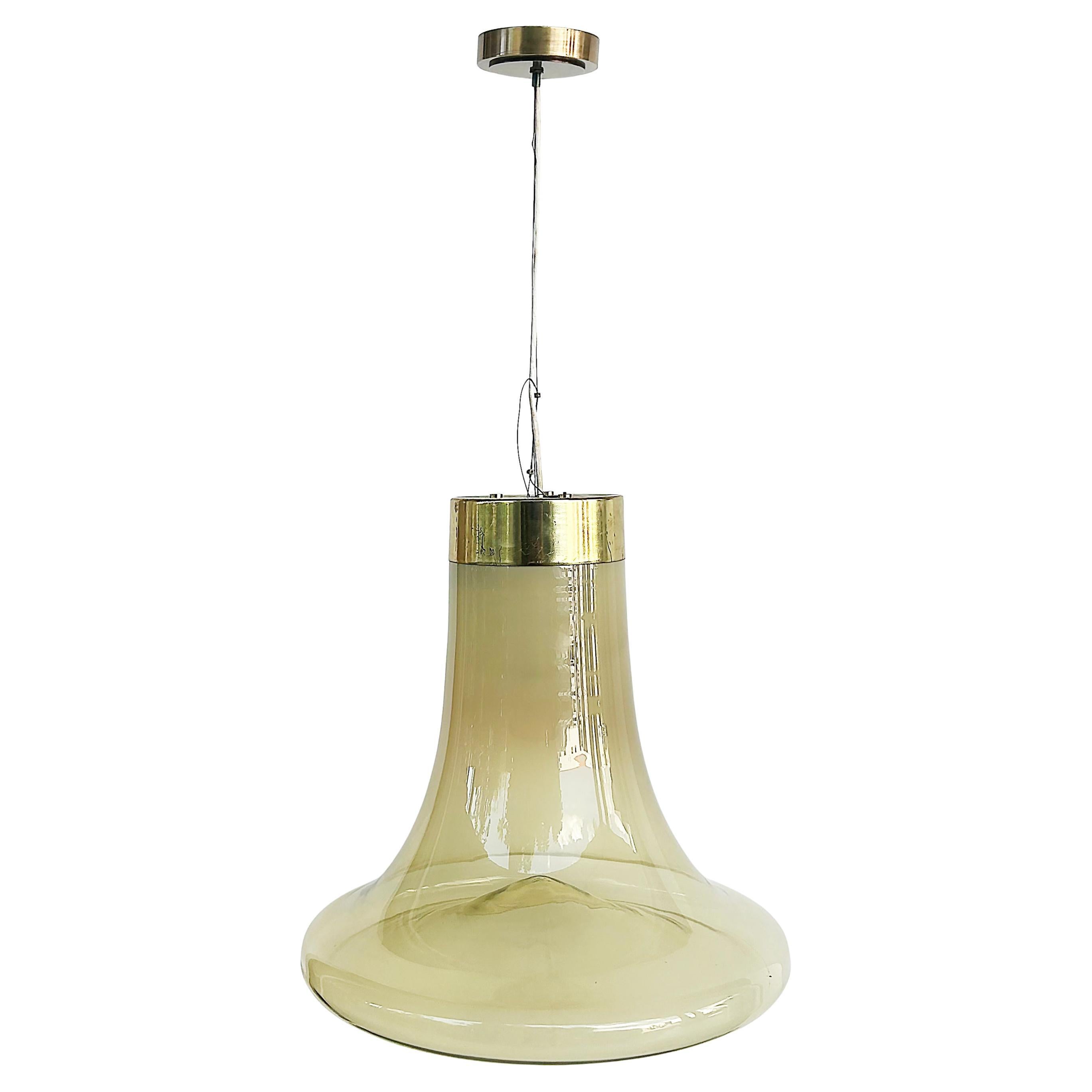 Murano Mid-century  Brass, Glass Bell Shaped Pendant Light Fixture For Sale