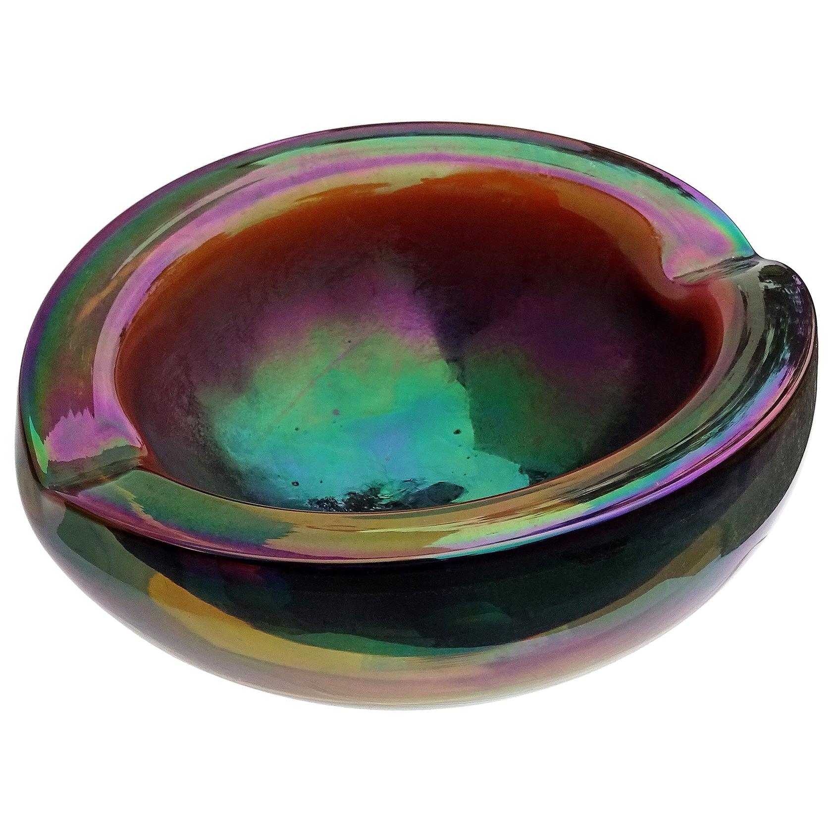 Murano Midcentury Dark High Iridescent Italian Art Glass Decorative Bowl
