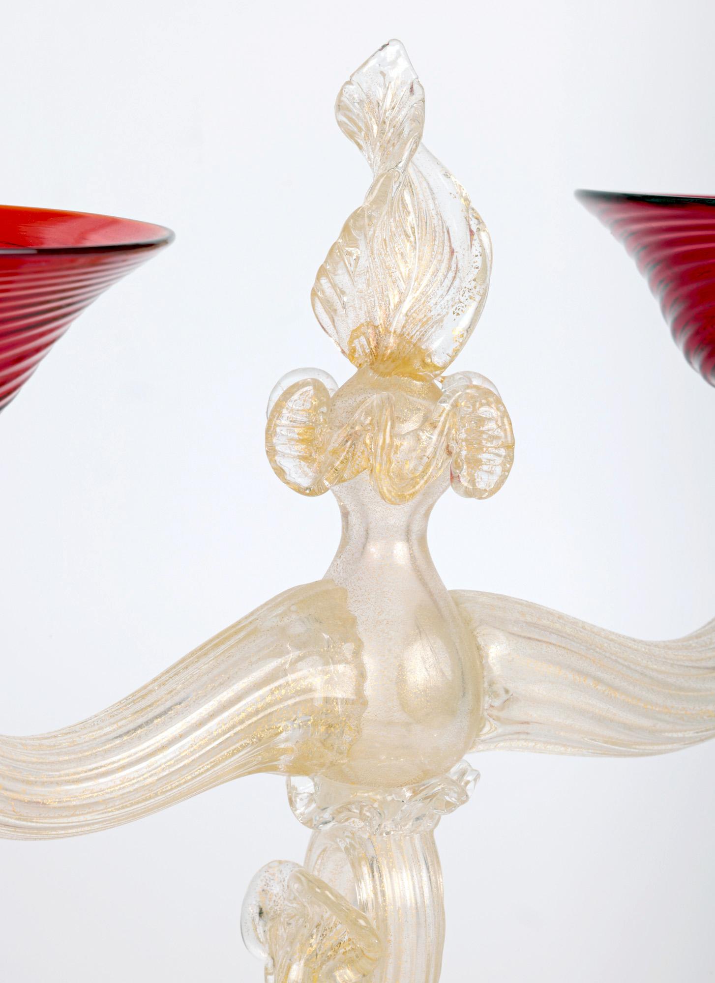 Italian Murano Mid-Century Dolphin Stem Twin Arm Glass Lamp Stand  For Sale