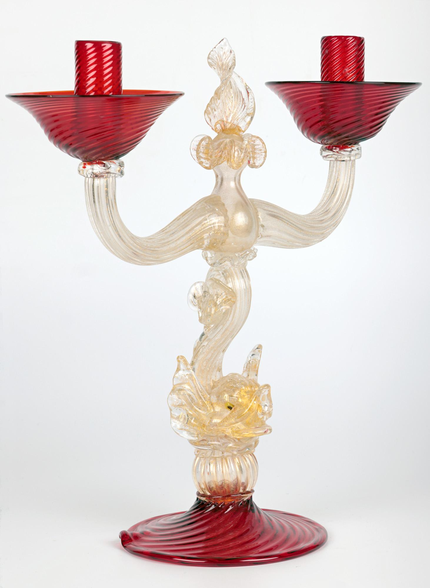 20ième siècle Murano Mid-Century Dolphin Stem Twin Arm Glass Lamp Stand  en vente