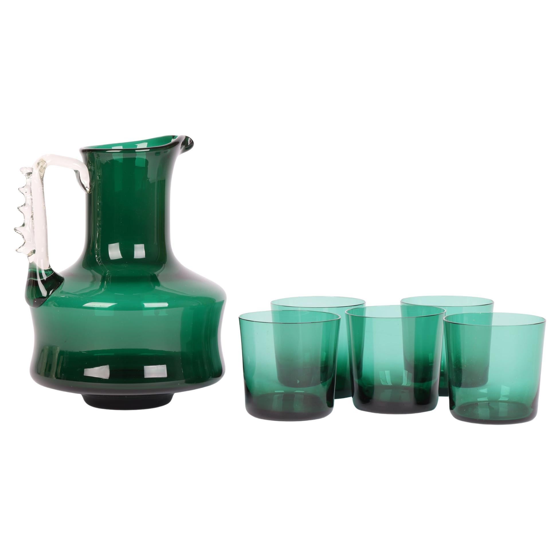 ANTIQUE Victorian GREEN Glass Hand Painted LEMONADE SET Pitcher & 6  Tumblers