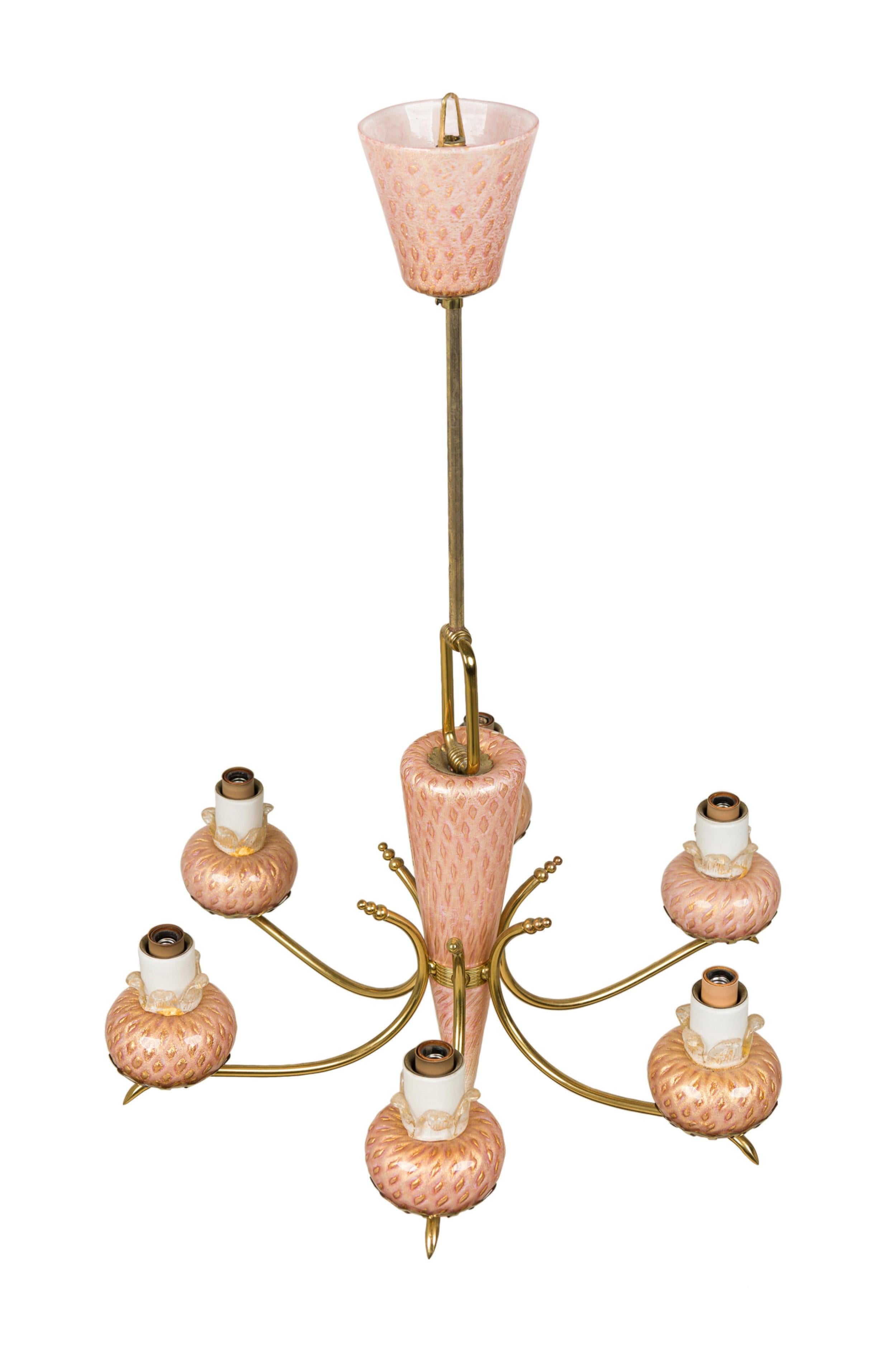 Murano Mid-Century Italian Six-Arm Rose Pink Glass and Brass Chandelier 2