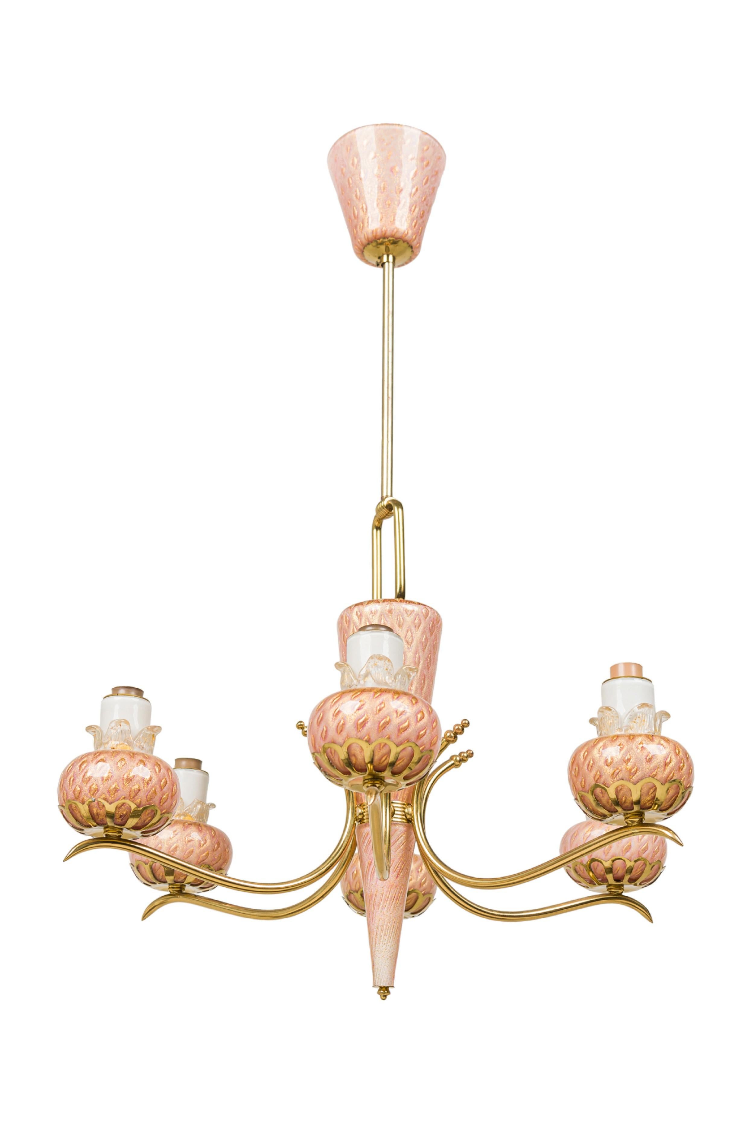 Murano Mid-Century Italian Six-Arm Rose Pink Glass and Brass Chandelier 3