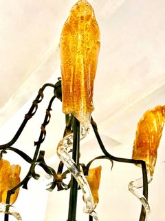 Murano mid-century modern Chandelier with five gold glass Flower italian