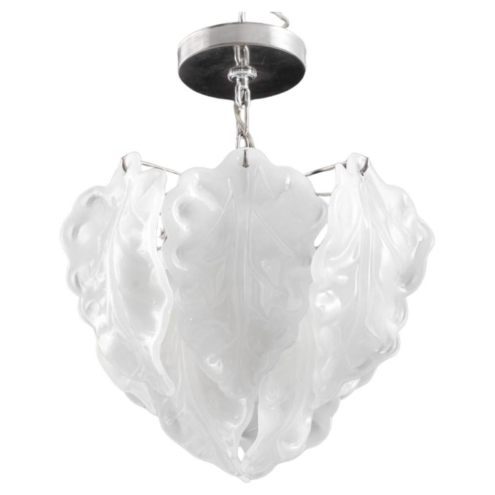 Murano Mid-Century Modern Glass Leaf Pendant in White For Sale