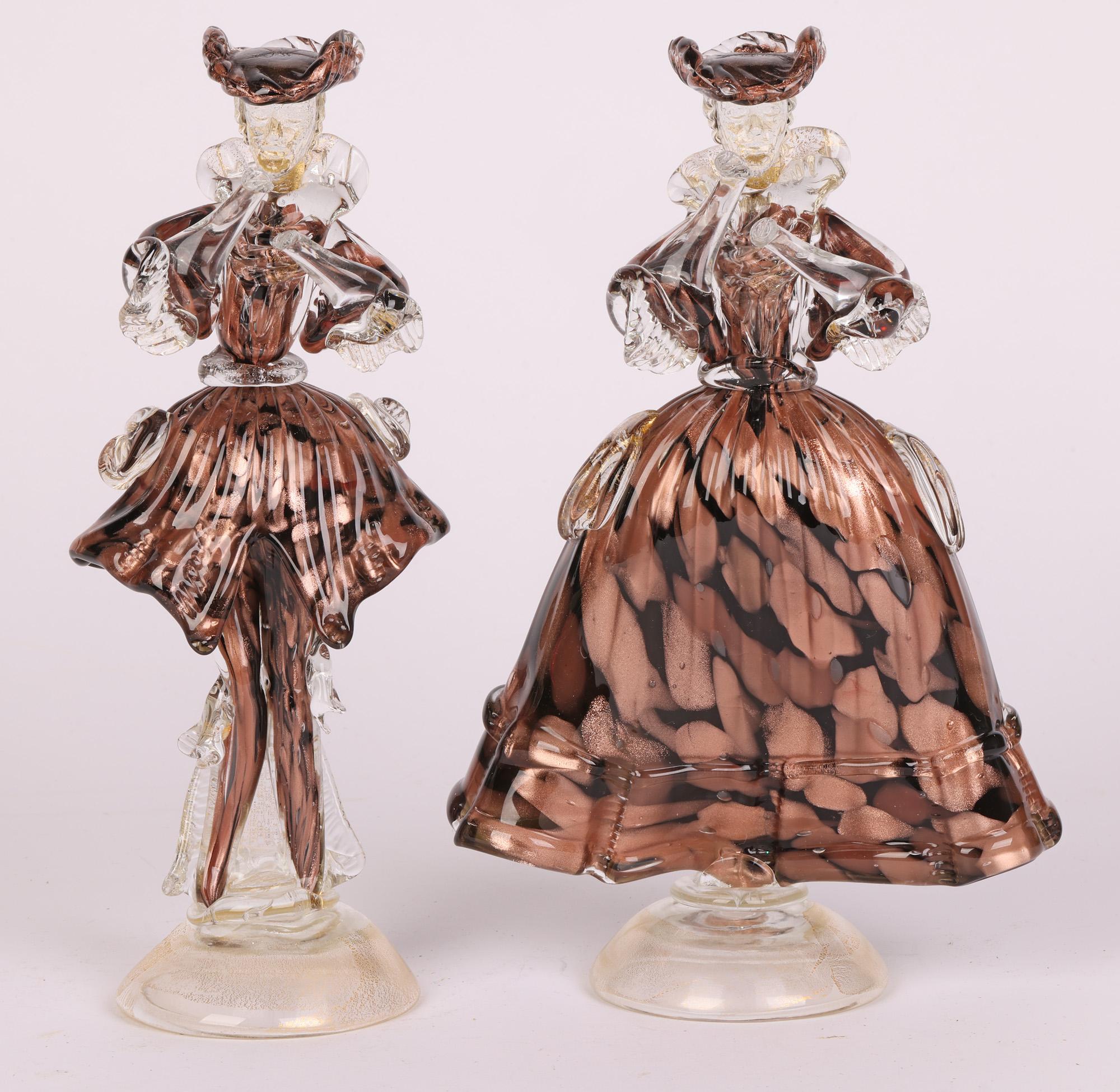 Murano Mid Century Pair Art Glass Cased Copper Aventurine figures  For Sale 3