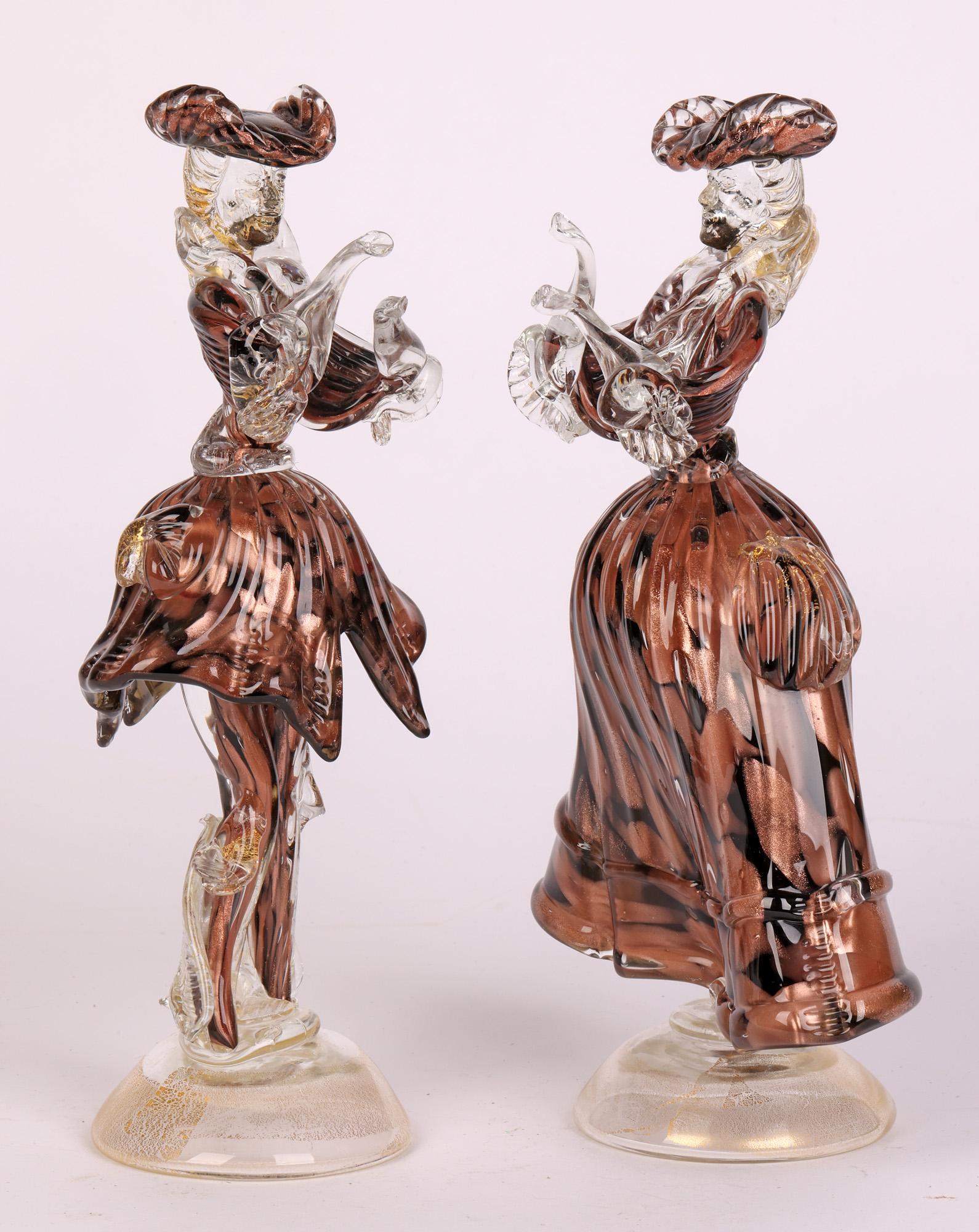 Murano Mid Century Pair Art Glass Cased Copper Aventurine figures  For Sale 6