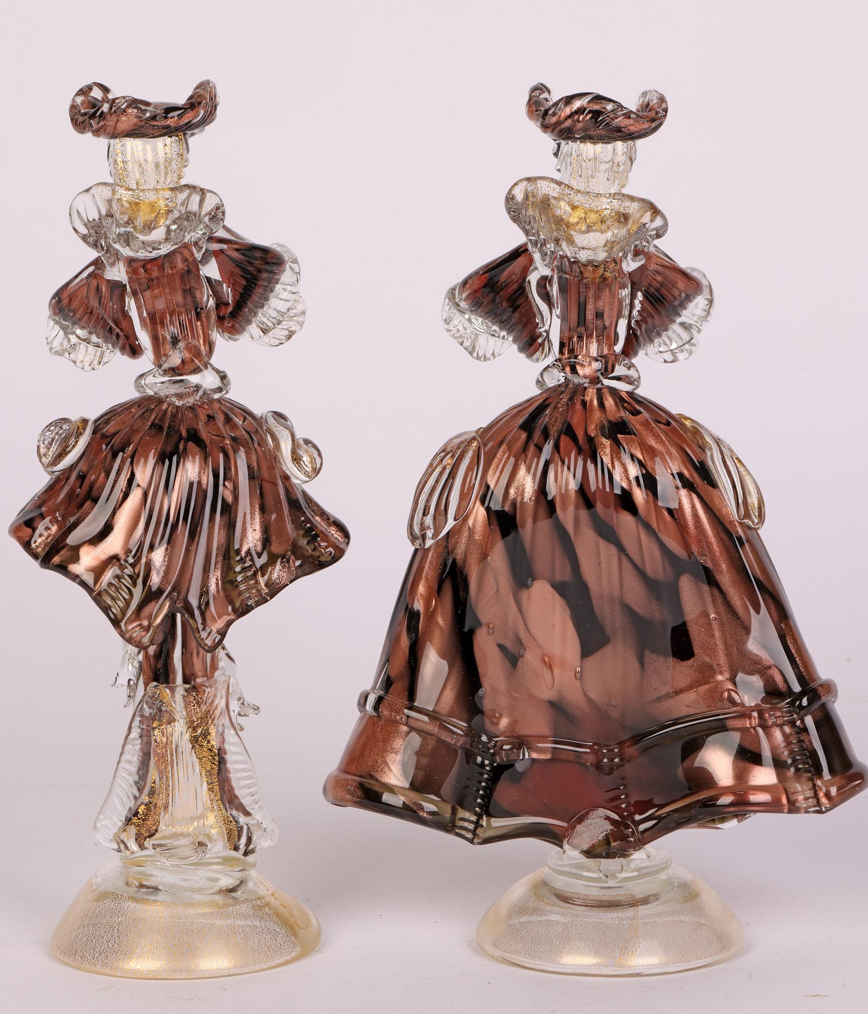 Murano Mid Century Pair Art Glass Cased Copper Aventurine figures  For Sale 9