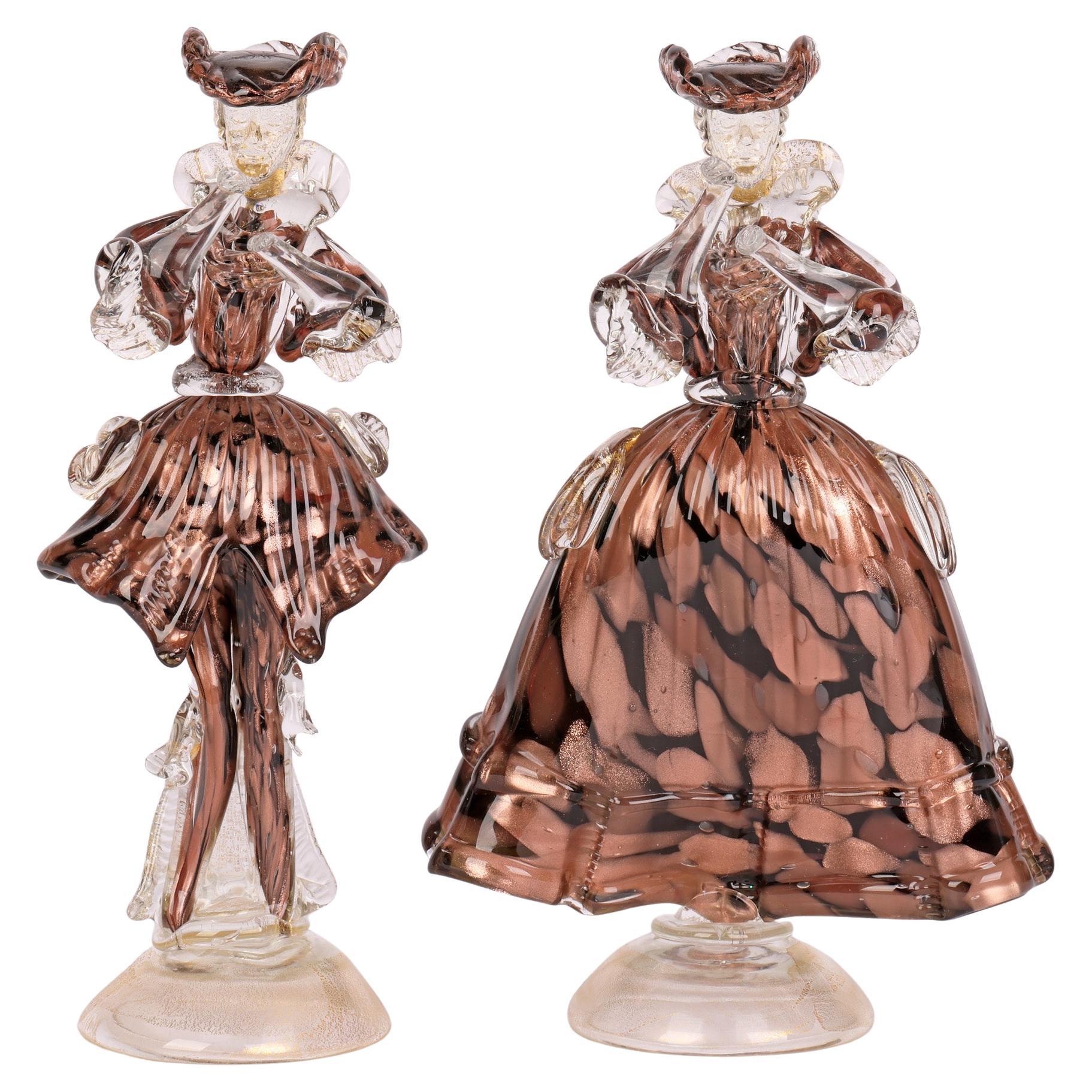 Murano Mid Century Pair Art Glass Cased Copper Aventurine figures  For Sale