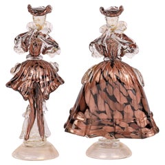 Murano Mid Century Pair Art Glass Cased Copper Aventurine figures 