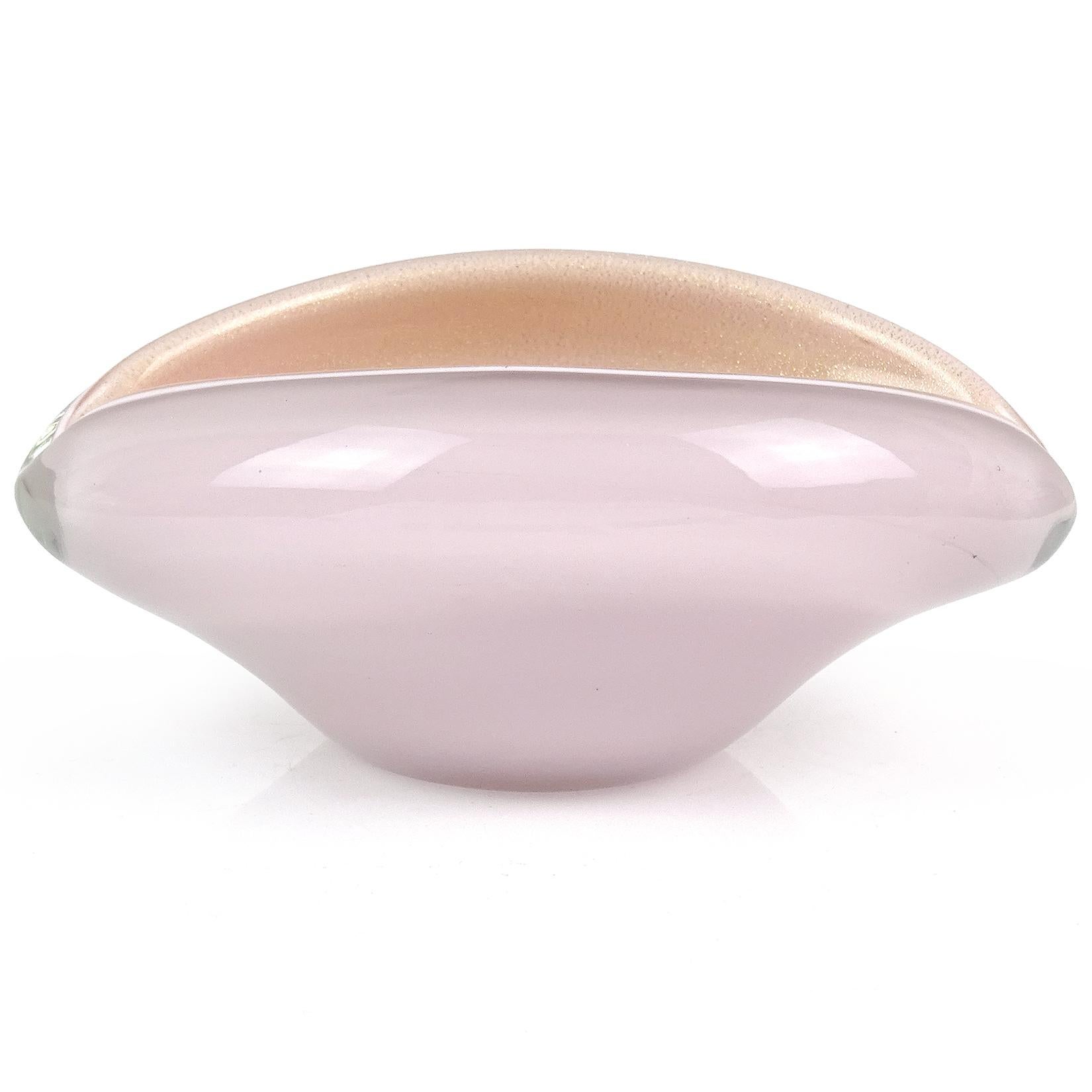 Only 1 left! Beautiful vintage Murano hand blown pink and gold flecks Italian art glass clam shaped bowl. Attributed to designer Alfredo Barbini. Profusely covered in gold leaf inside the bowl. Would make a great jewelry dish for any vanity,