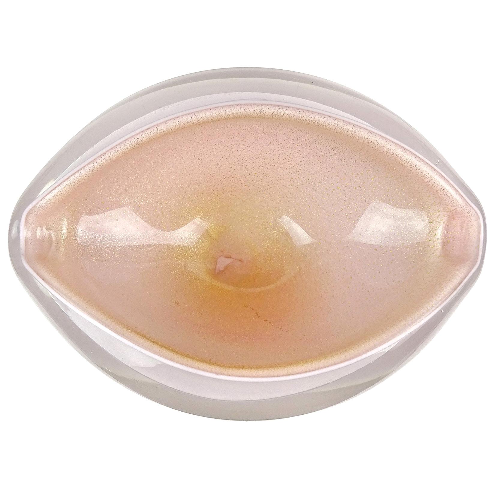 Murano Midcentury Pink Gold Flecks Italian Art Glass Seashell Clam Shaped Bowl For Sale