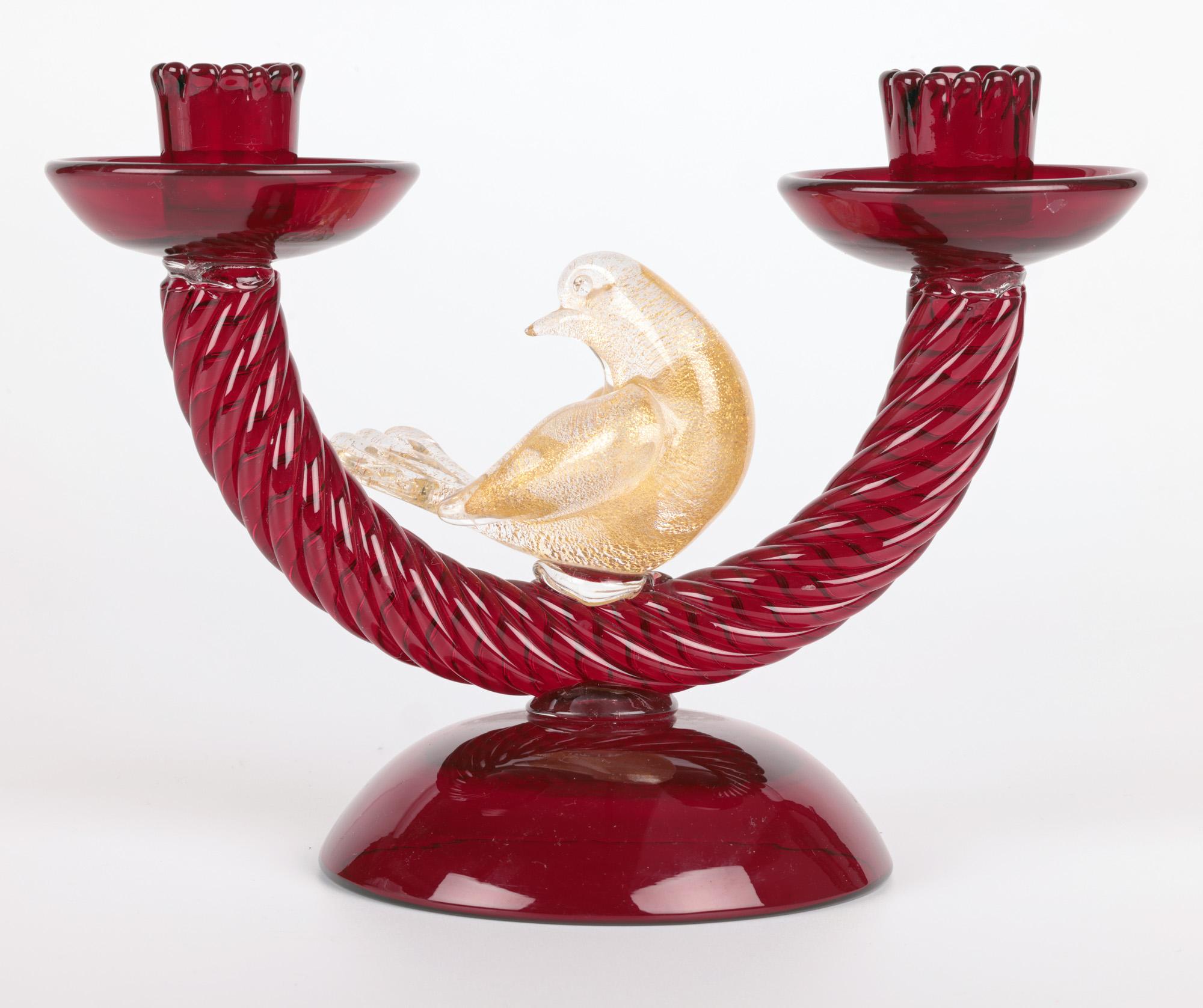 Murano Mid-Century Ruby Glass Bird Mounted Twin Candlestick For Sale 1