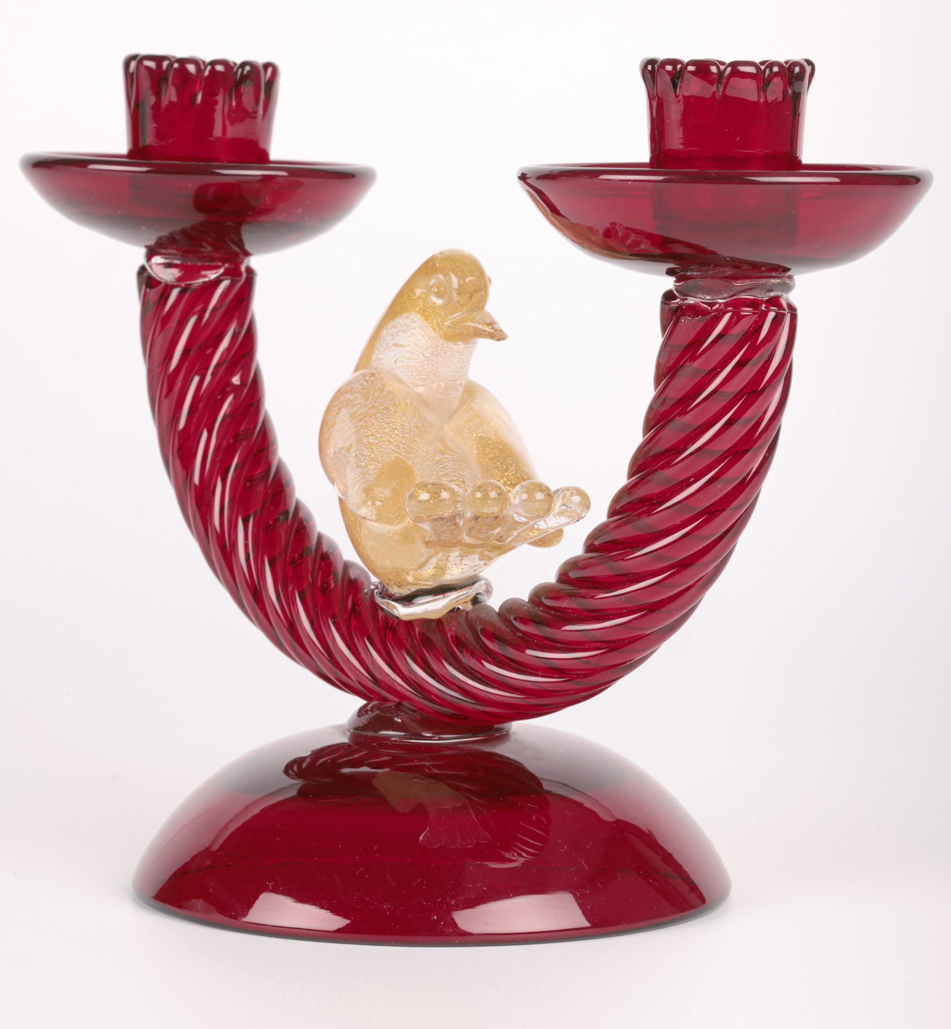 Murano Mid-Century Ruby Glass Bird Mounted Twin Candlestick For Sale 6