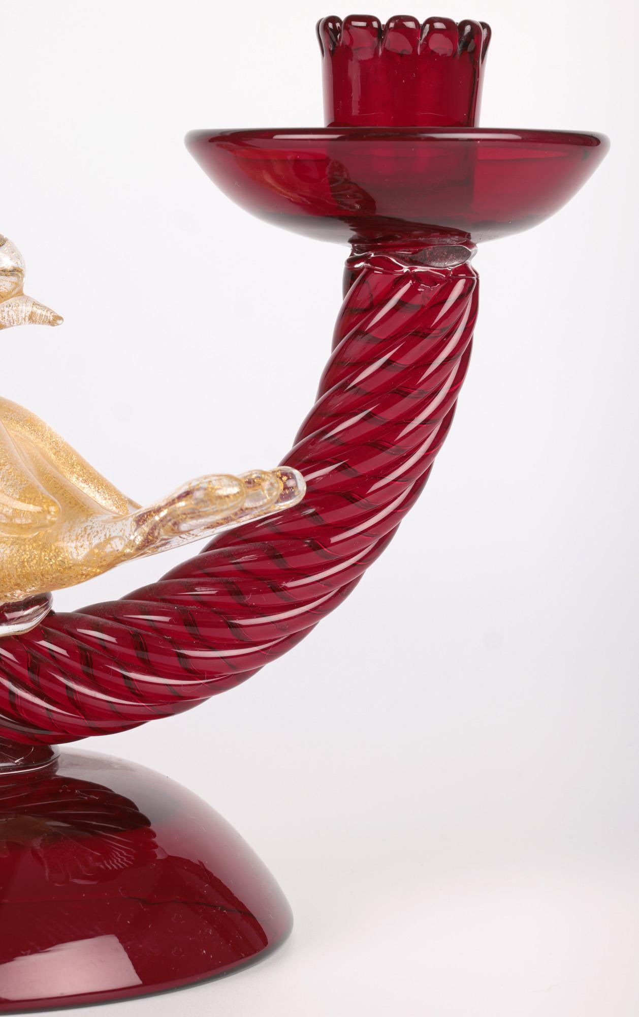 Mid-Century Modern Murano Mid-Century Ruby Glass Bird Mounted Twin Candlestick For Sale