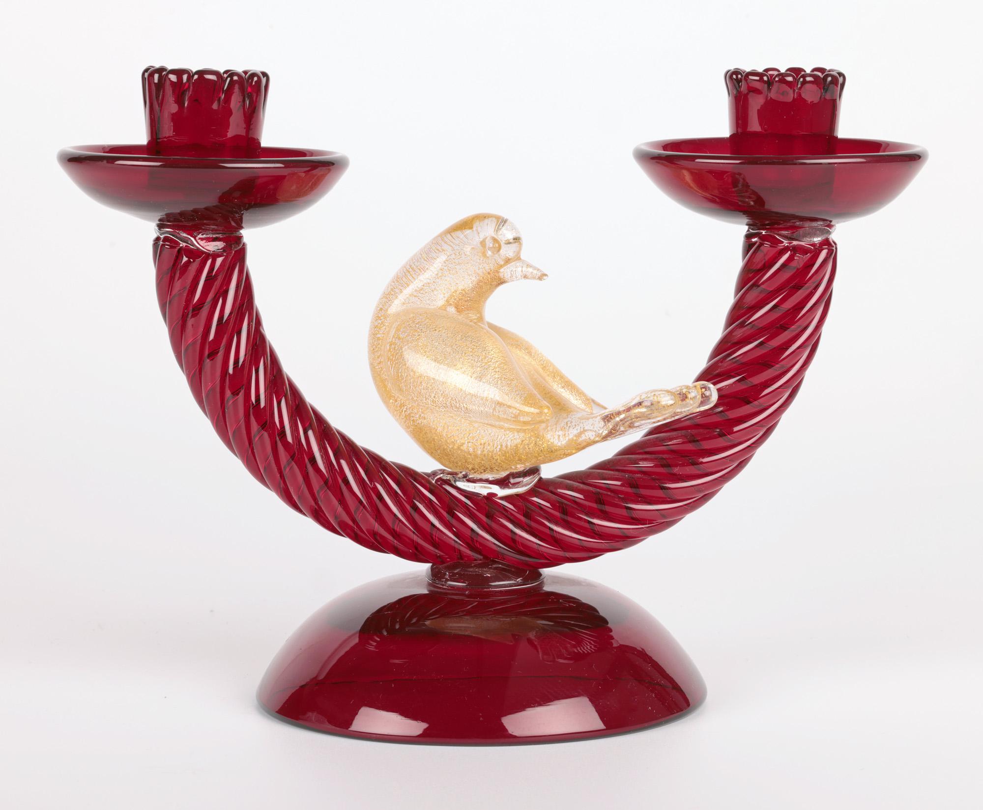 Italian Murano Mid-Century Ruby Glass Bird Mounted Twin Candlestick For Sale