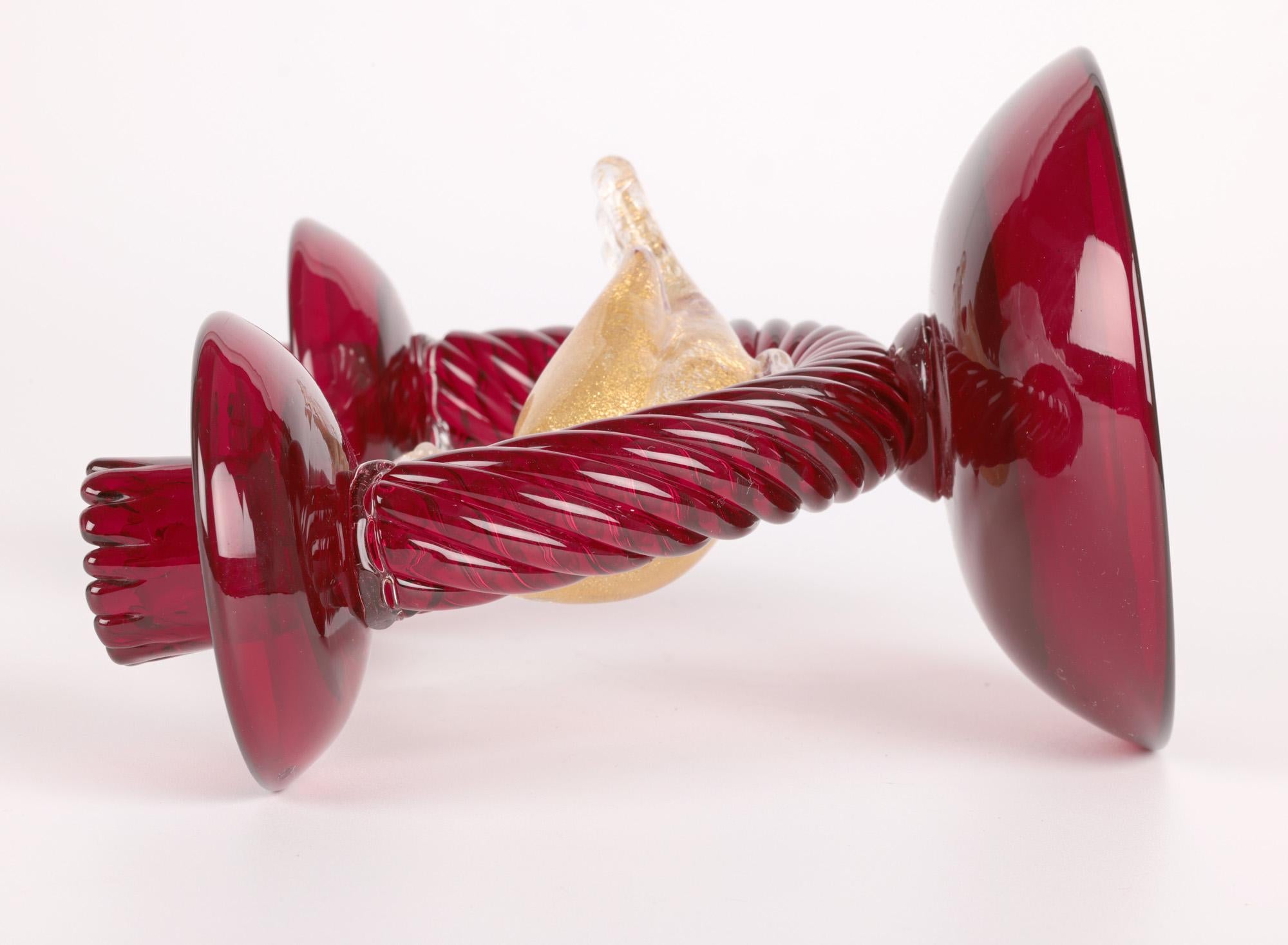 Blown Glass Murano Mid-Century Ruby Glass Bird Mounted Twin Candlestick For Sale