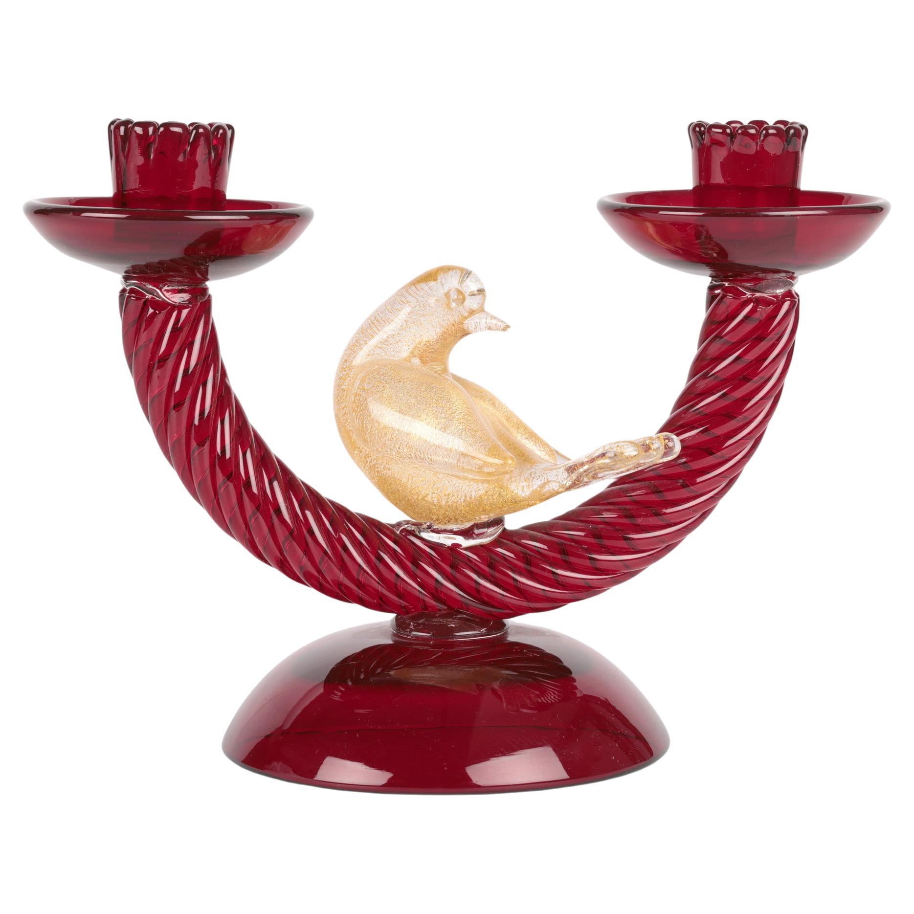 Murano Mid-Century Ruby Glass Bird Mounted Twin Candlestick For Sale