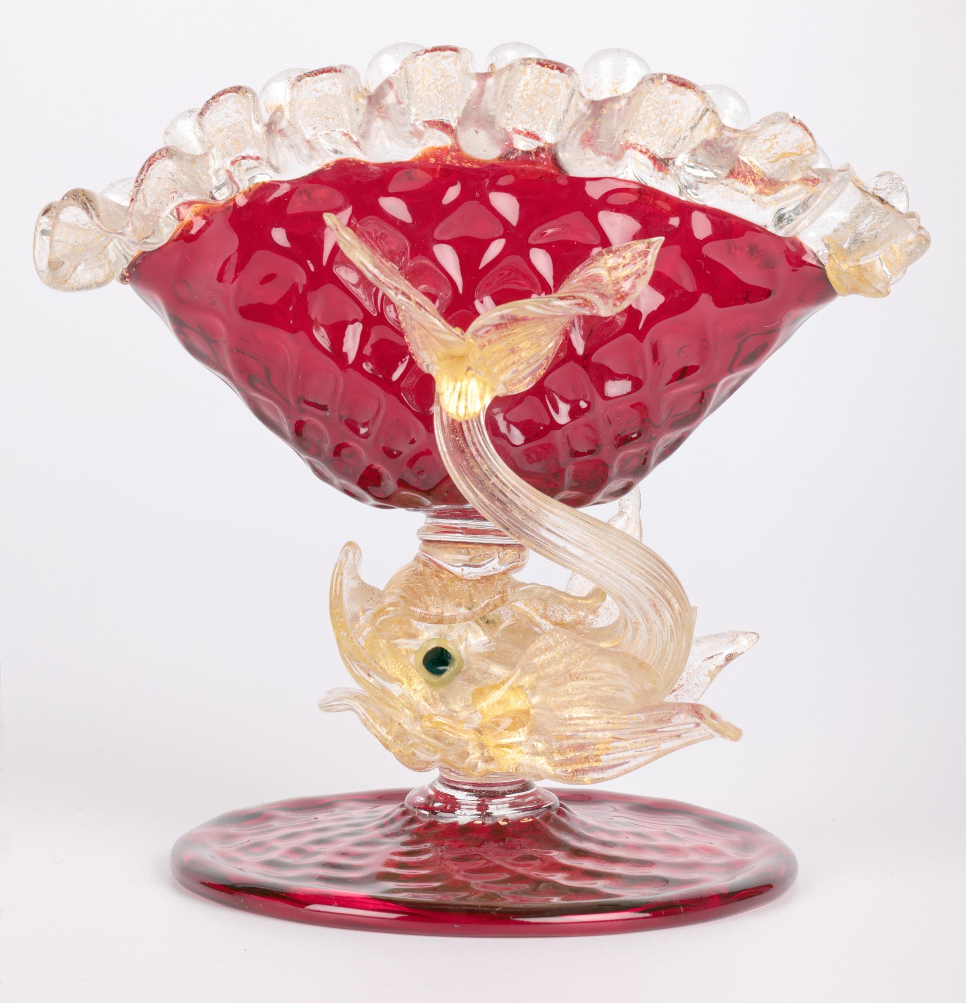 Murano Mid-Century Ruby Glass Dolphin Stem Bowl For Sale 2