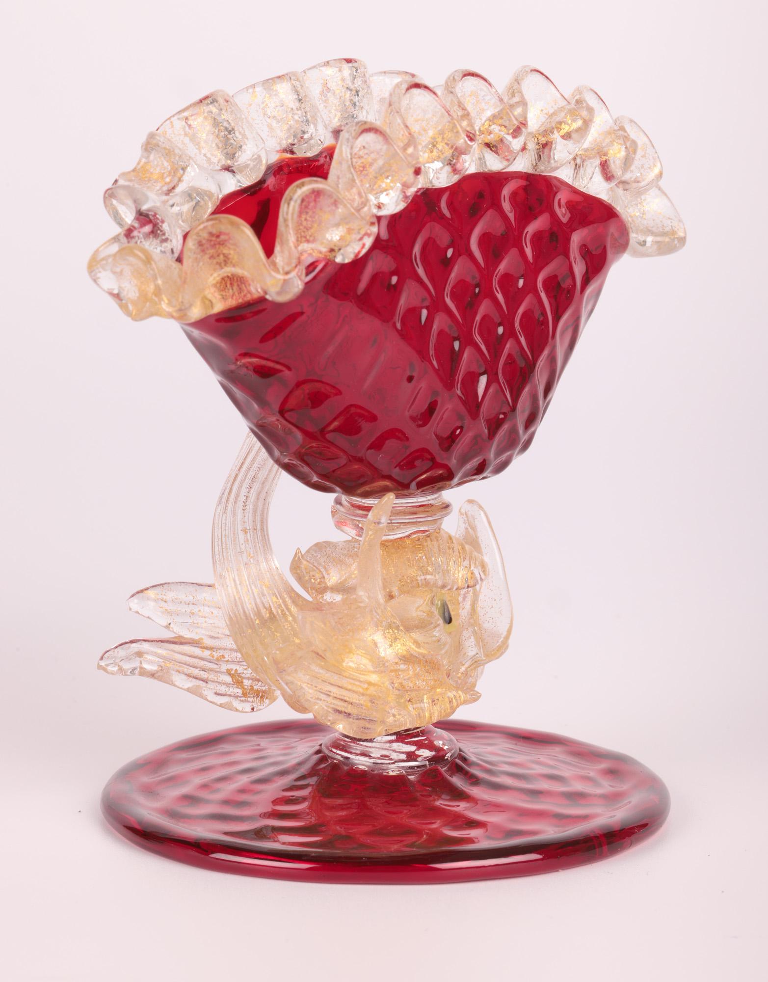 Murano Mid-Century Ruby Glass Dolphin Stem Bowl For Sale 4