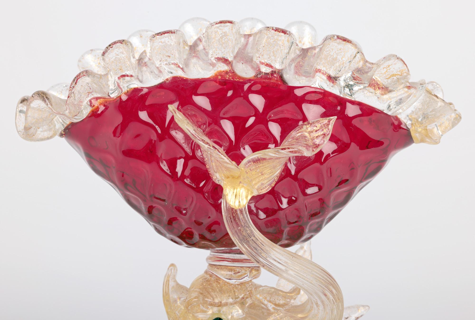 Murano Mid-Century Ruby Glass Dolphin Stem Bowl For Sale 6
