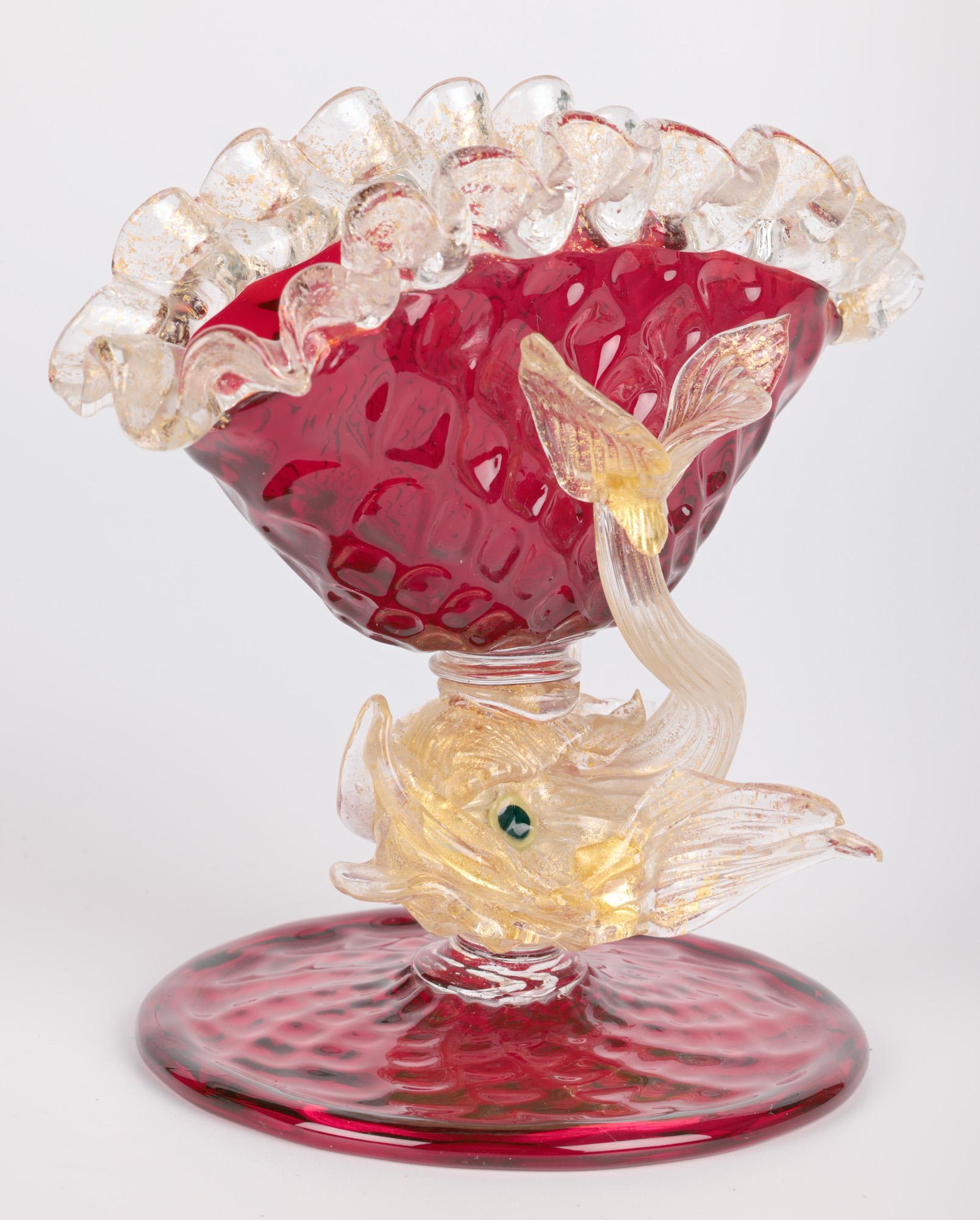 Murano Mid-Century Ruby Glass Dolphin Stem Bowl For Sale 7
