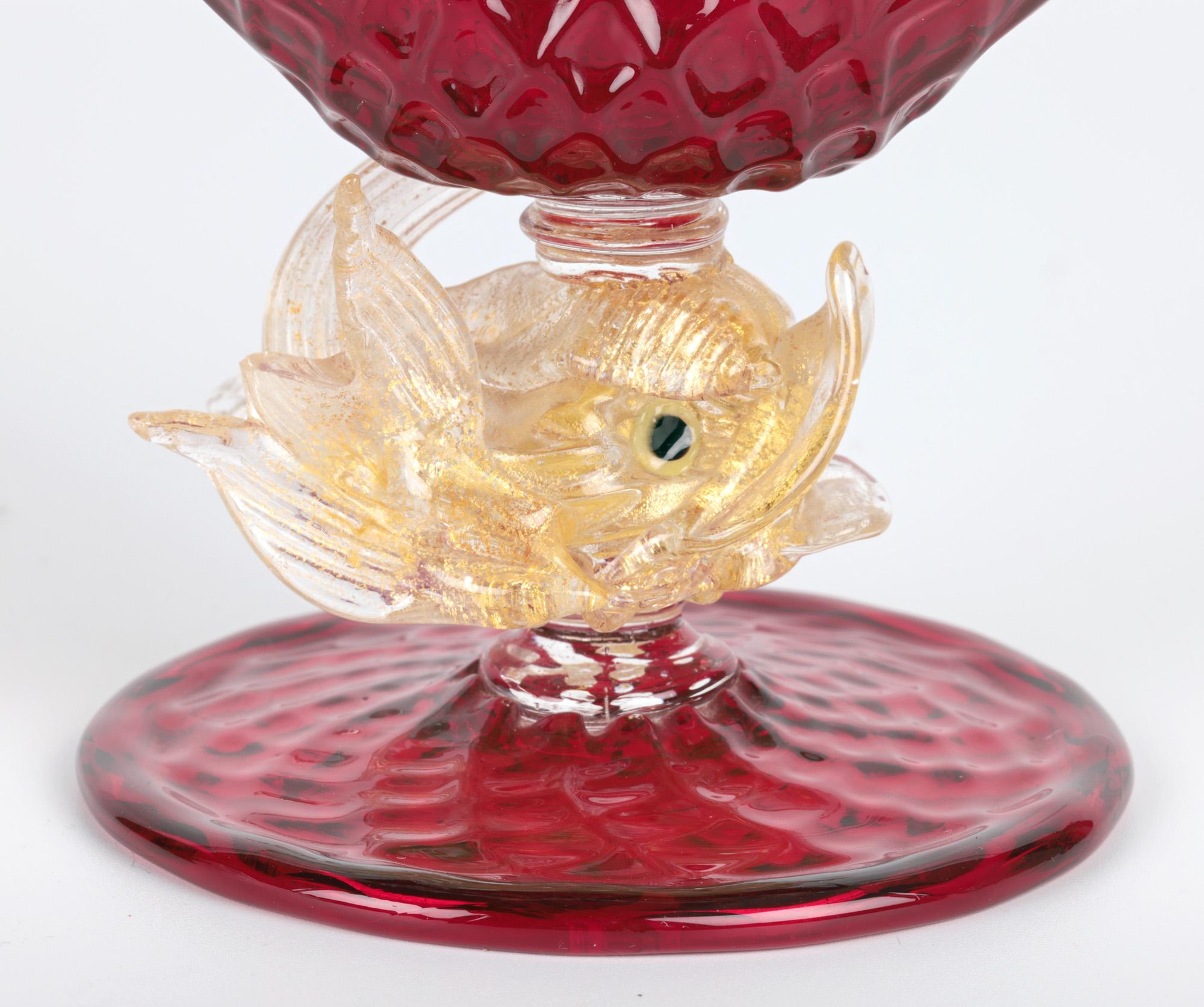 Murano Mid-Century Ruby Glass Dolphin Stem Bowl For Sale 9