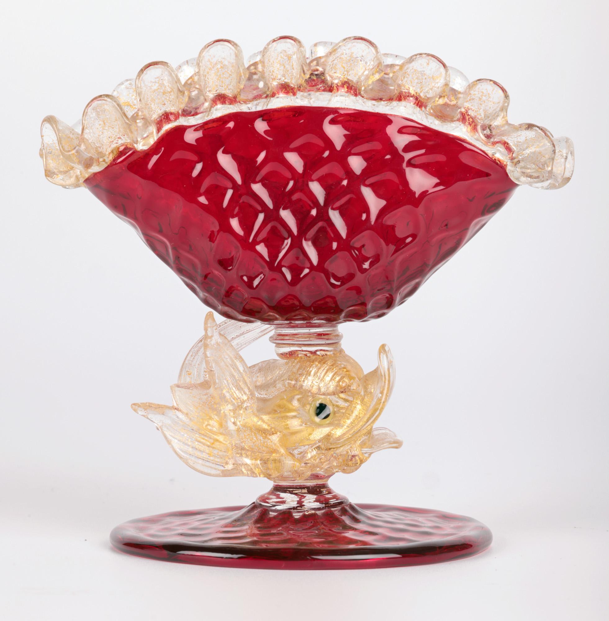 Murano Mid-Century Ruby Glass Dolphin Stem Bowl For Sale 11