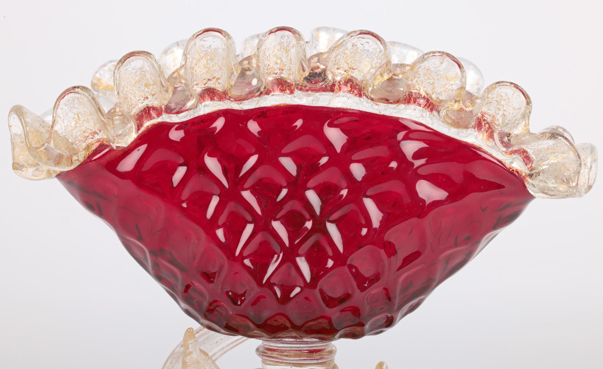 Mid-Century Modern Murano Mid-Century Ruby Glass Dolphin Stem Bowl For Sale