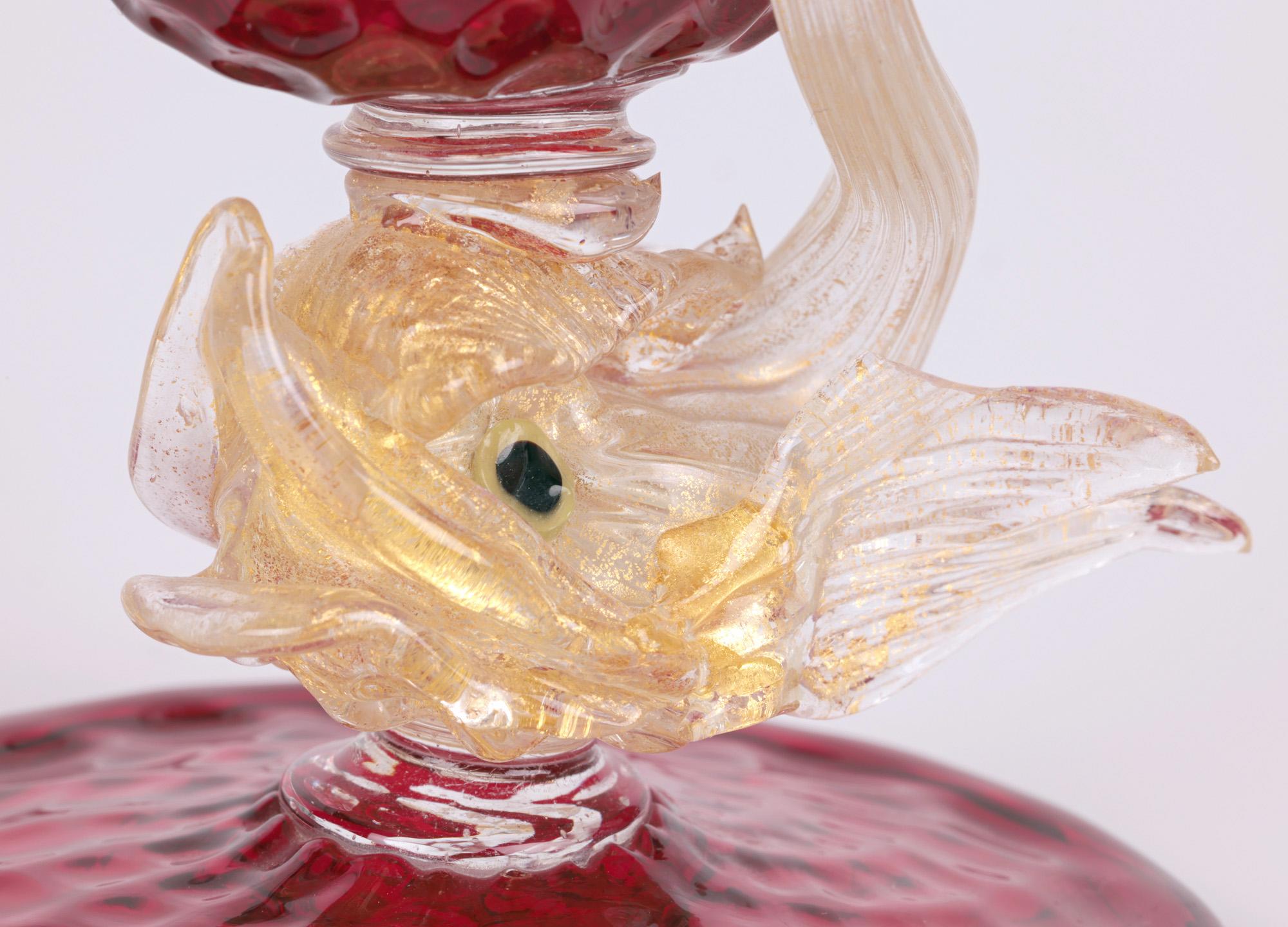 Italian Murano Mid-Century Ruby Glass Dolphin Stem Bowl For Sale