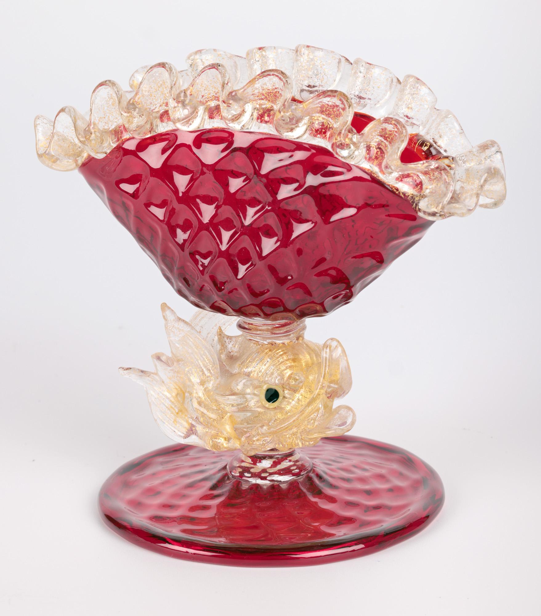 20th Century Murano Mid-Century Ruby Glass Dolphin Stem Bowl For Sale
