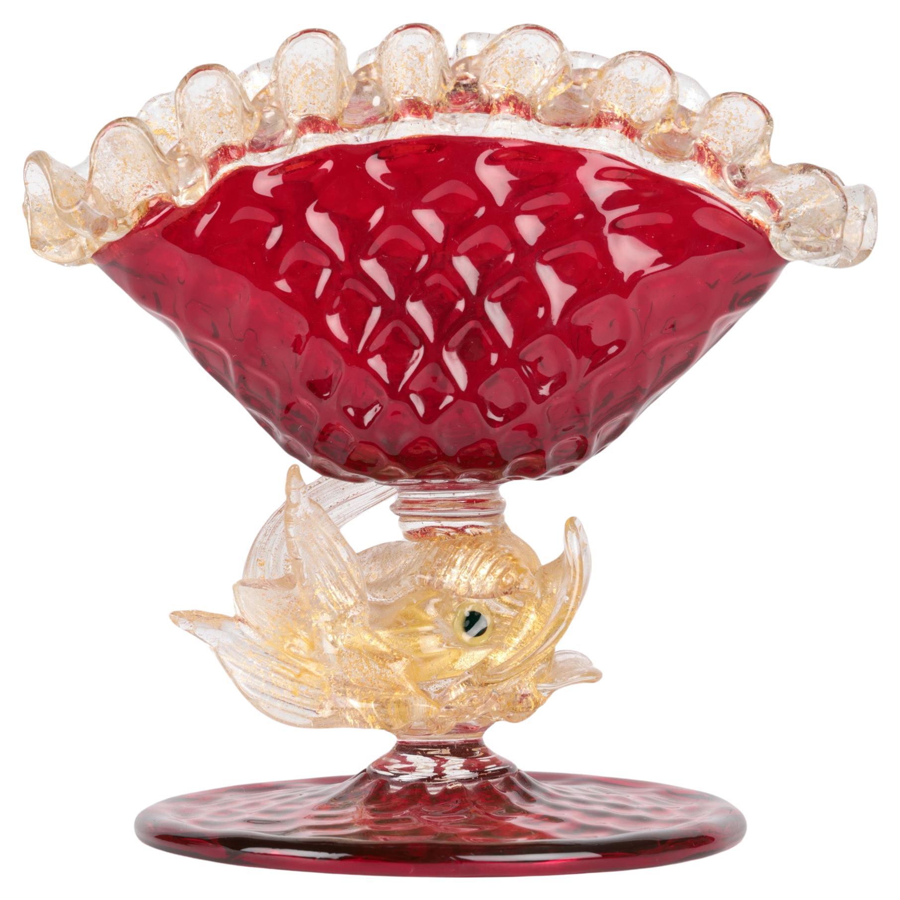 Murano Mid-Century Ruby Glass Dolphin Stem Bowl For Sale