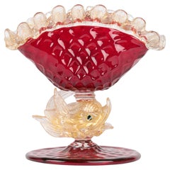 Vintage Murano Mid-Century Ruby Glass Dolphin Stem Bowl