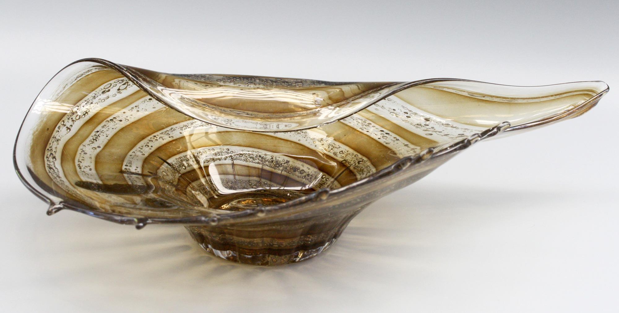 Mid-20th Century Murano Midcentury Shell Shaped Folded Art Glass Bowl with Inclusions