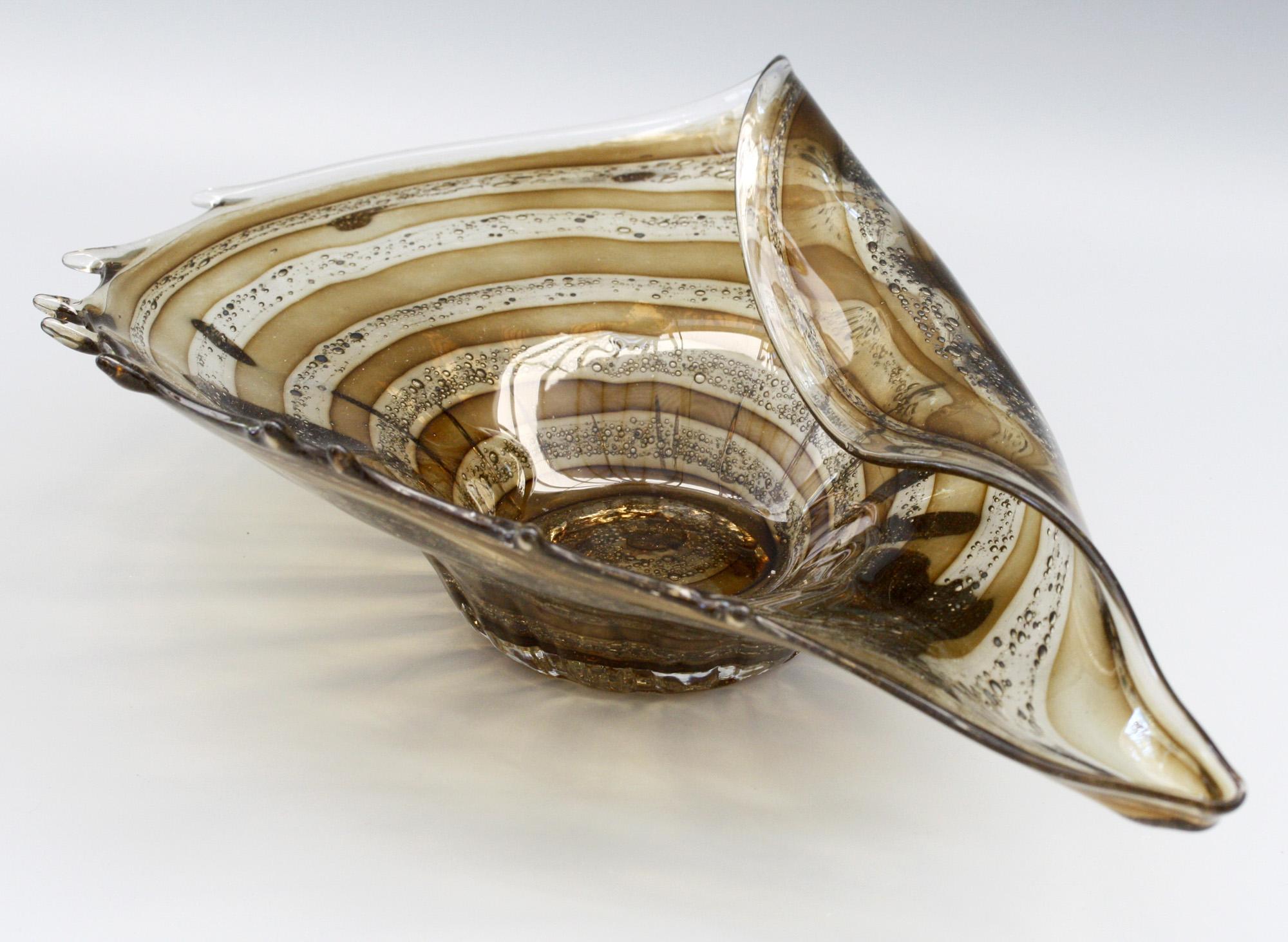 Murano Midcentury Shell Shaped Folded Art Glass Bowl with Inclusions 1