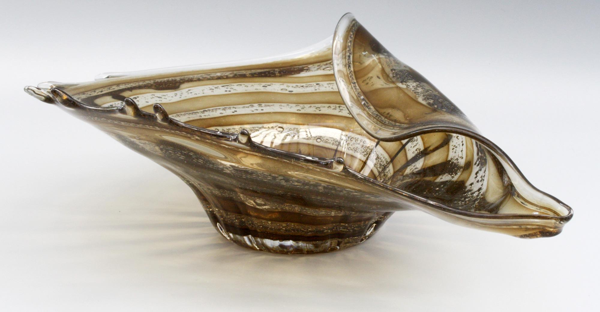 Murano Midcentury Shell Shaped Folded Art Glass Bowl with Inclusions 2
