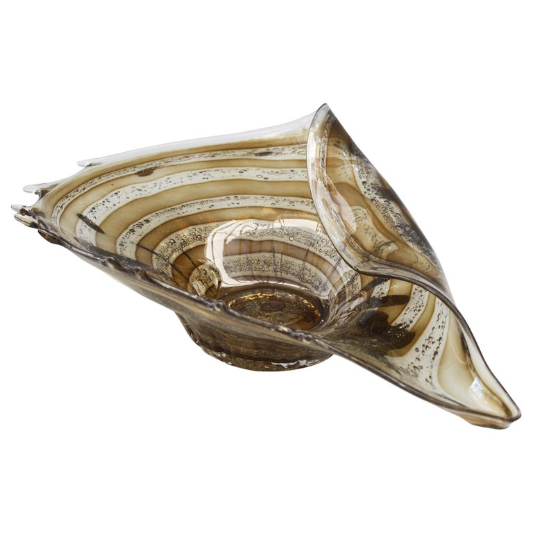 Murano Midcentury Shell Shaped Folded Art Glass Bowl with Inclusions For Sale