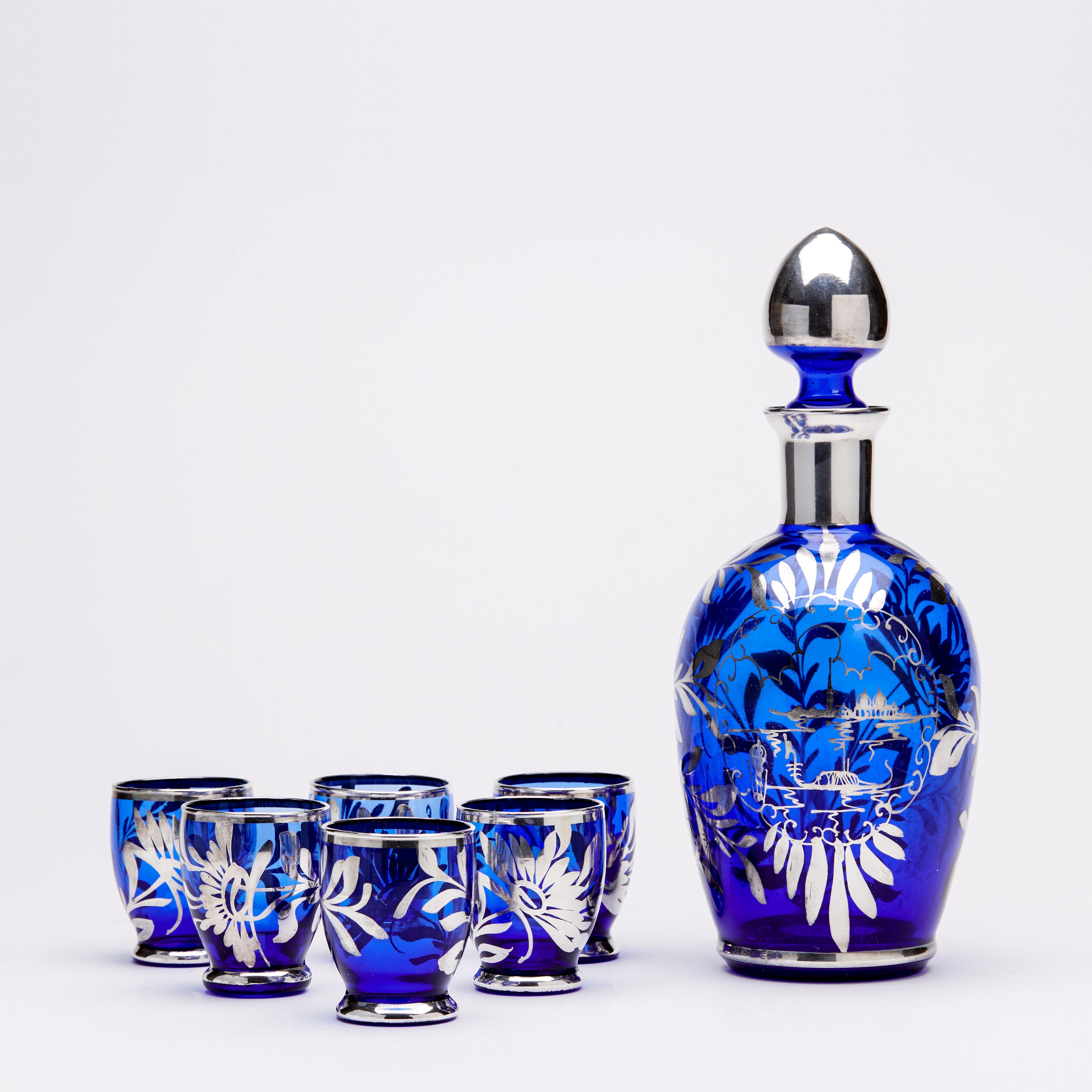 Murano Mid-Century Silver Overlay Blue Glass Liqueur Decanter and Glasses 3
