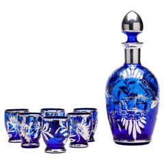 Murano Mid-Century Silver Overlay Blue Glass Liqueur Decanter and Glasses