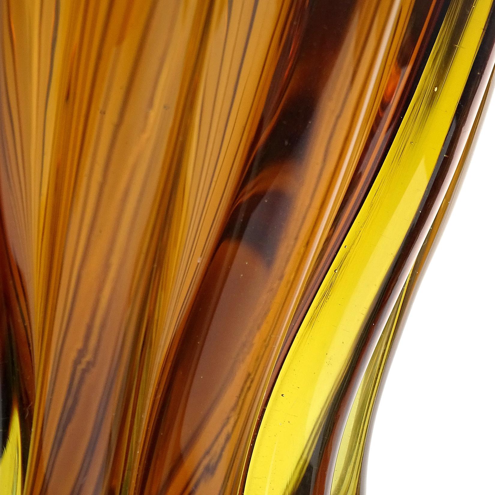Mid-Century Modern Murano Midcentury Sommerso Dark Amber Yellow Italian Art Glass Bottle Decanter