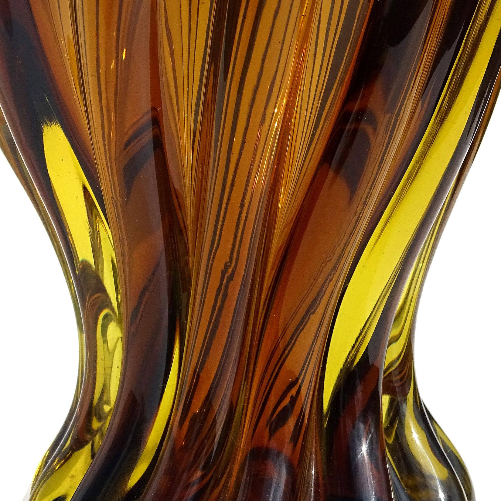Hand-Crafted Murano Midcentury Sommerso Dark Amber Yellow Italian Art Glass Bottle Decanter